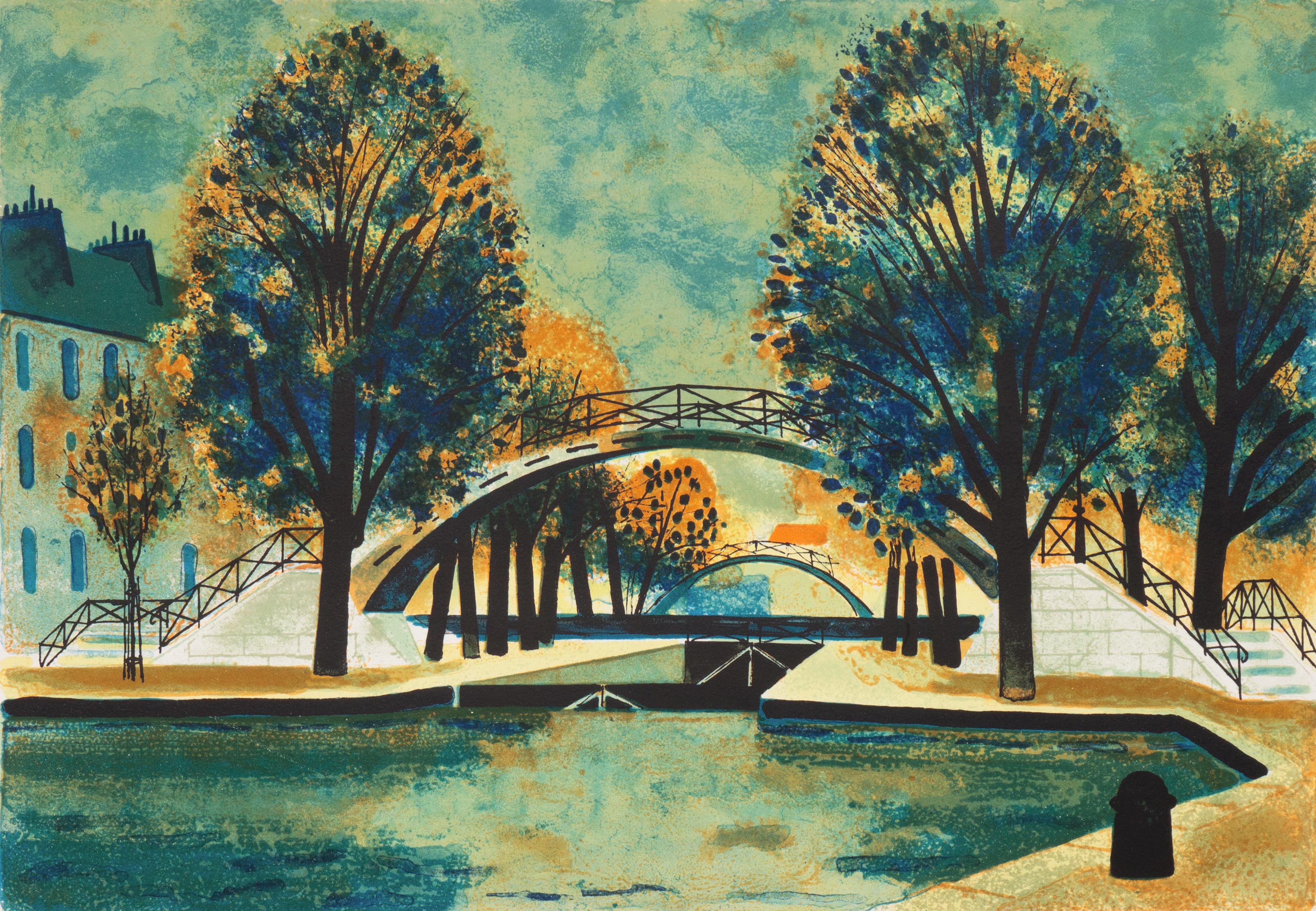 Landscape Print Yves Ganne - Canal Saint-Martin, École de Paris, MoMA, paysage post-impressionniste