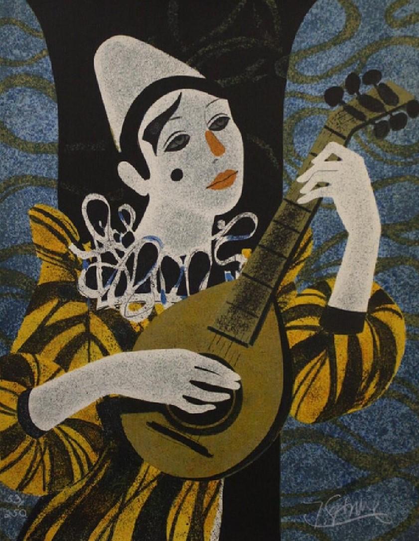 Yves Ganne Portrait Print – „Clown Blanc a la Mandolin“ Lithographie in limitierter Auflage 53/250:: vom Künstler signiert