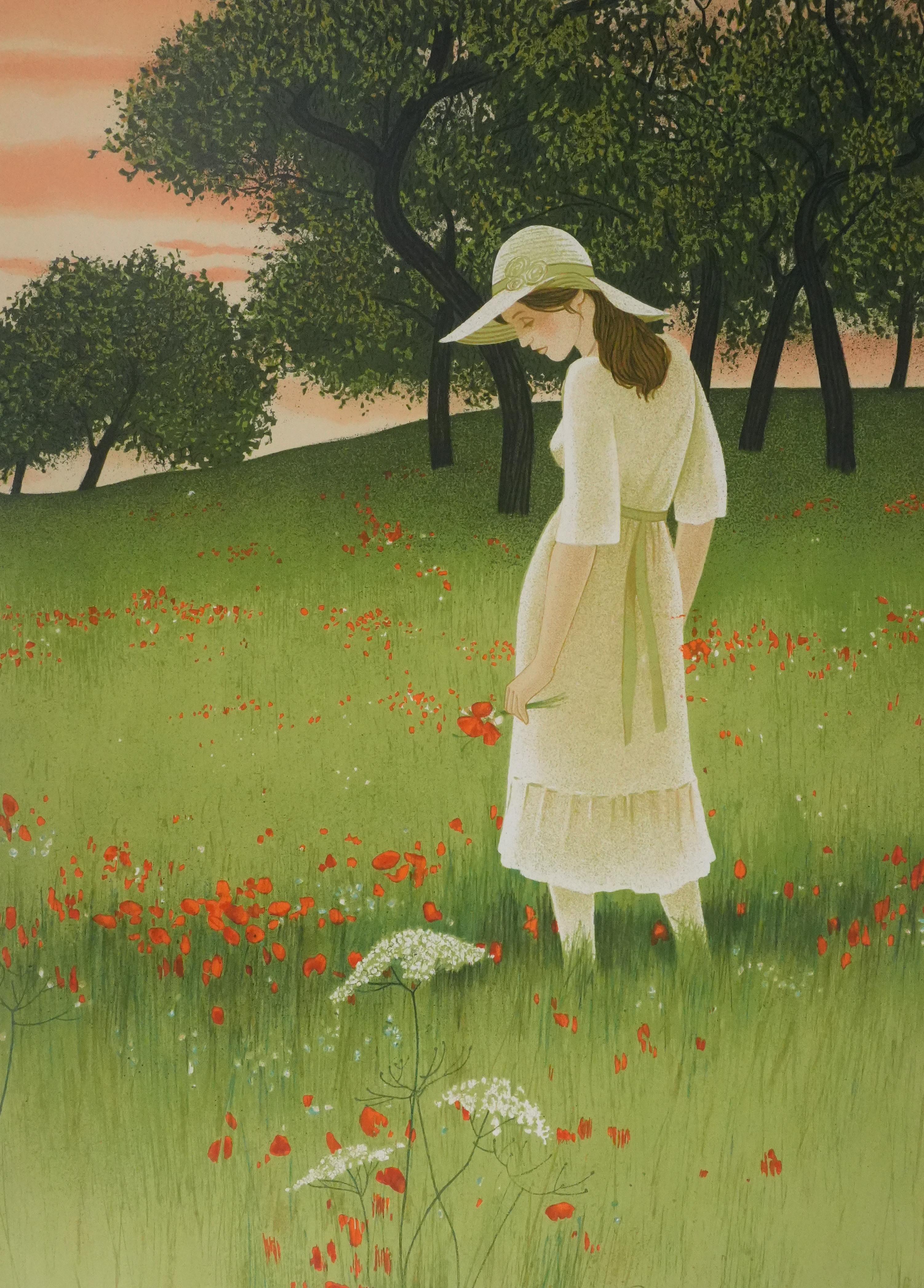 In the Poppy Field - Original Lithograph Signed - Modern Print by Yves Ganne