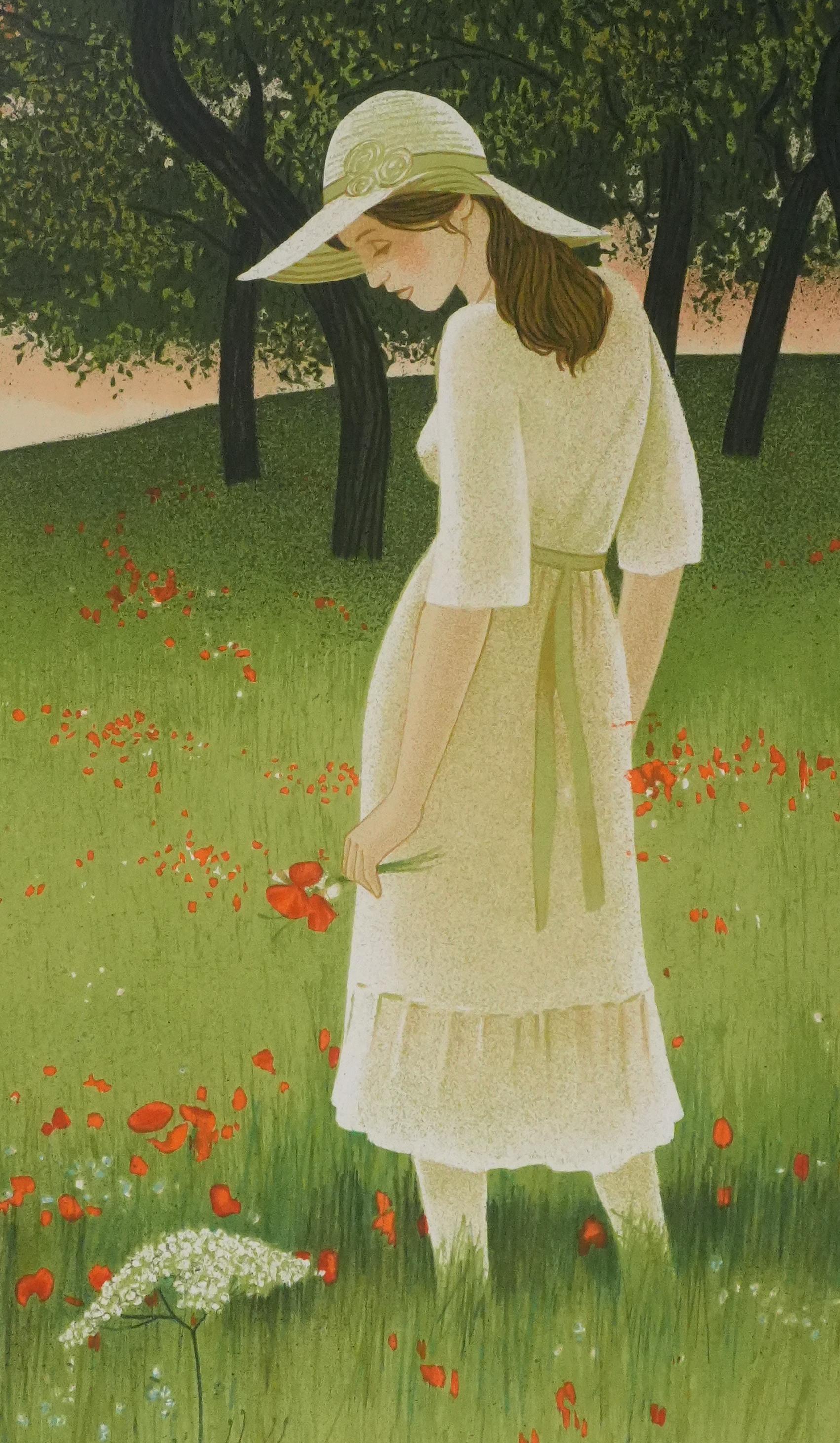 In the Poppy Field - Original Lithograph Signed - Brown Figurative Print by Yves Ganne