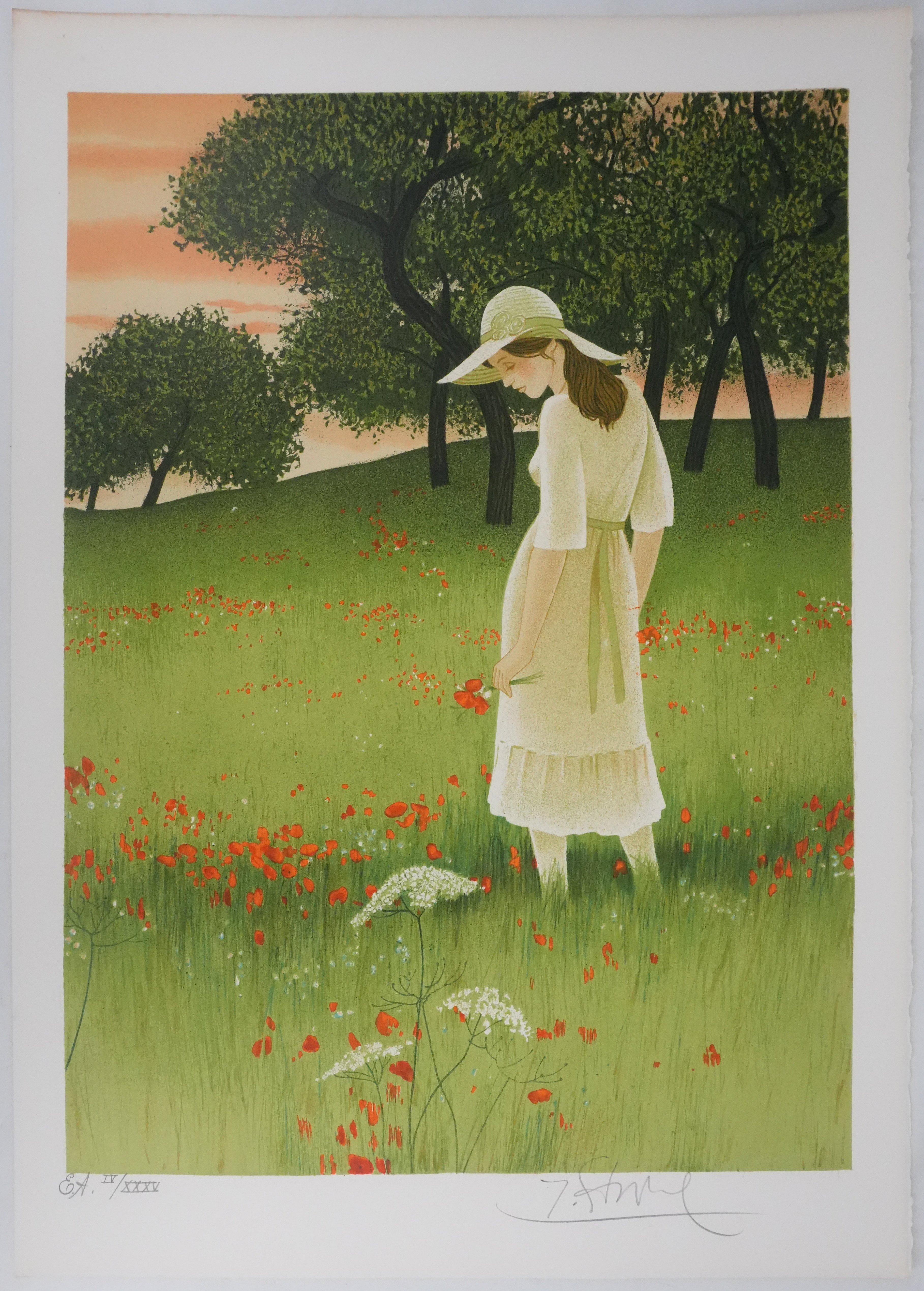 Yves Ganne Figurative Print - In the Poppy Field - Original Lithograph Signed