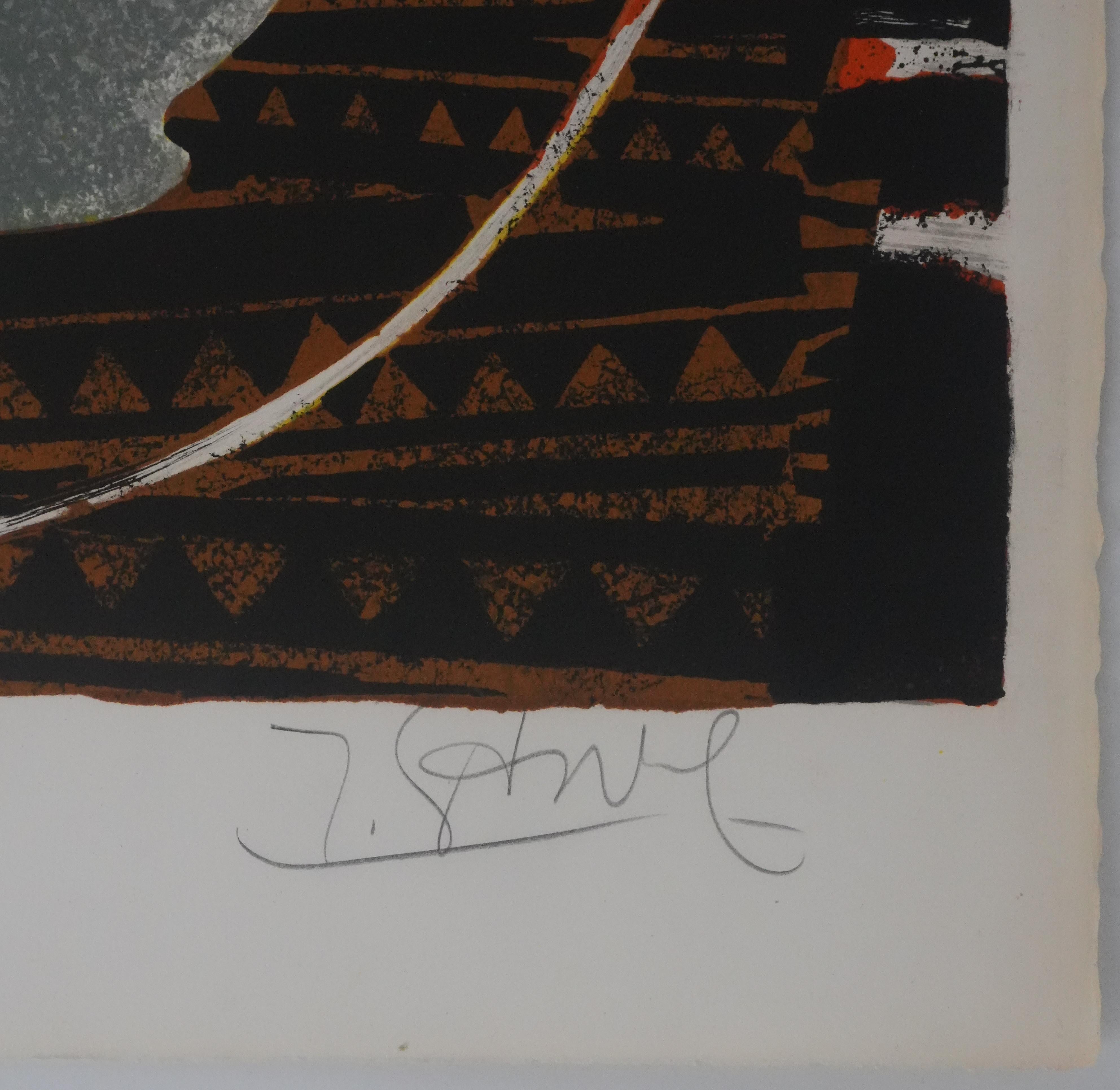 Lilies on an Orange Background - Original Lithograph Signed - Print by Yves Ganne