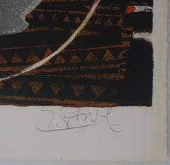 Lilies on an Orange Background - Original Lithograph Signed
