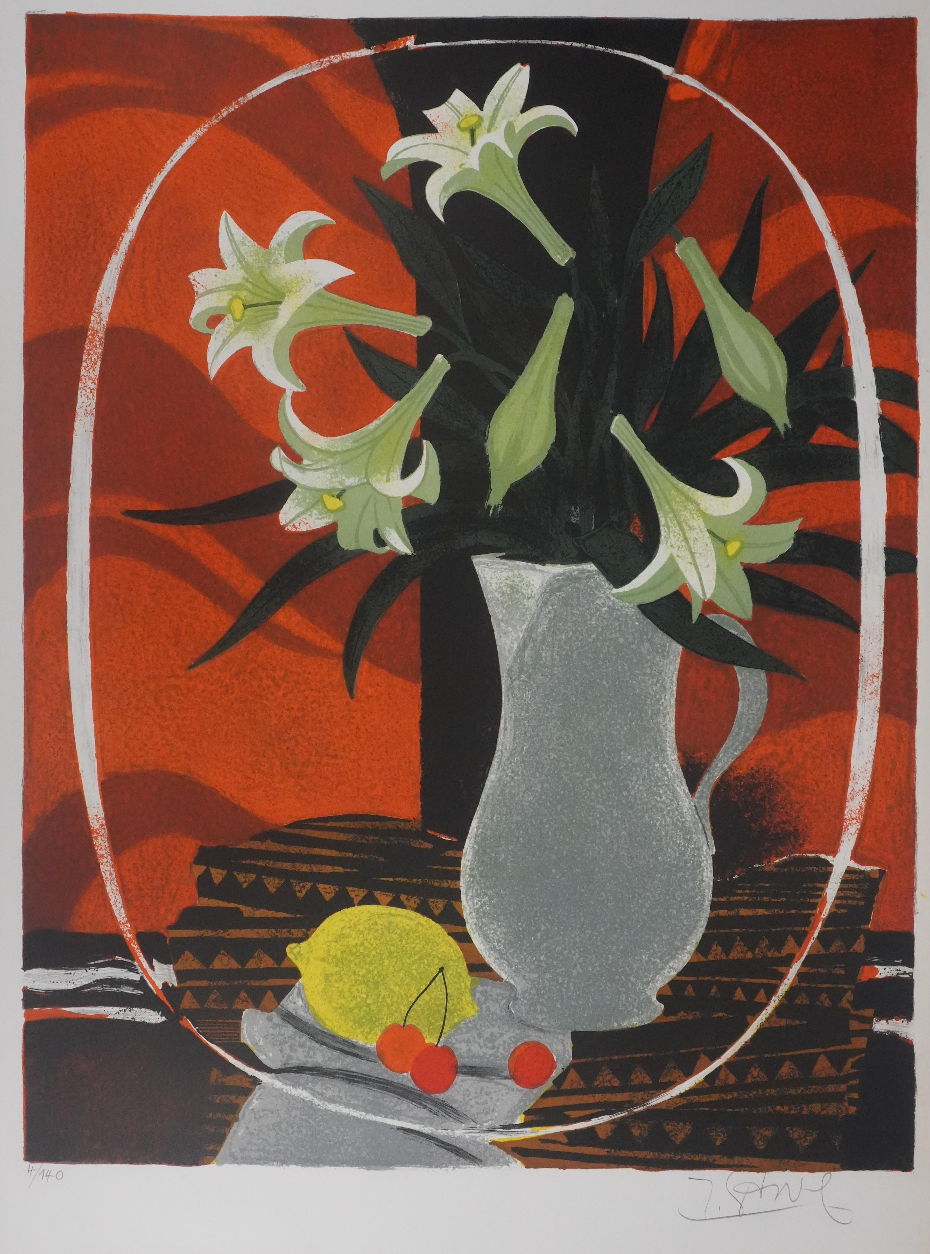 Lilies on an Orange Background - Original Lithograph Signed - Modern Print by Yves Ganne