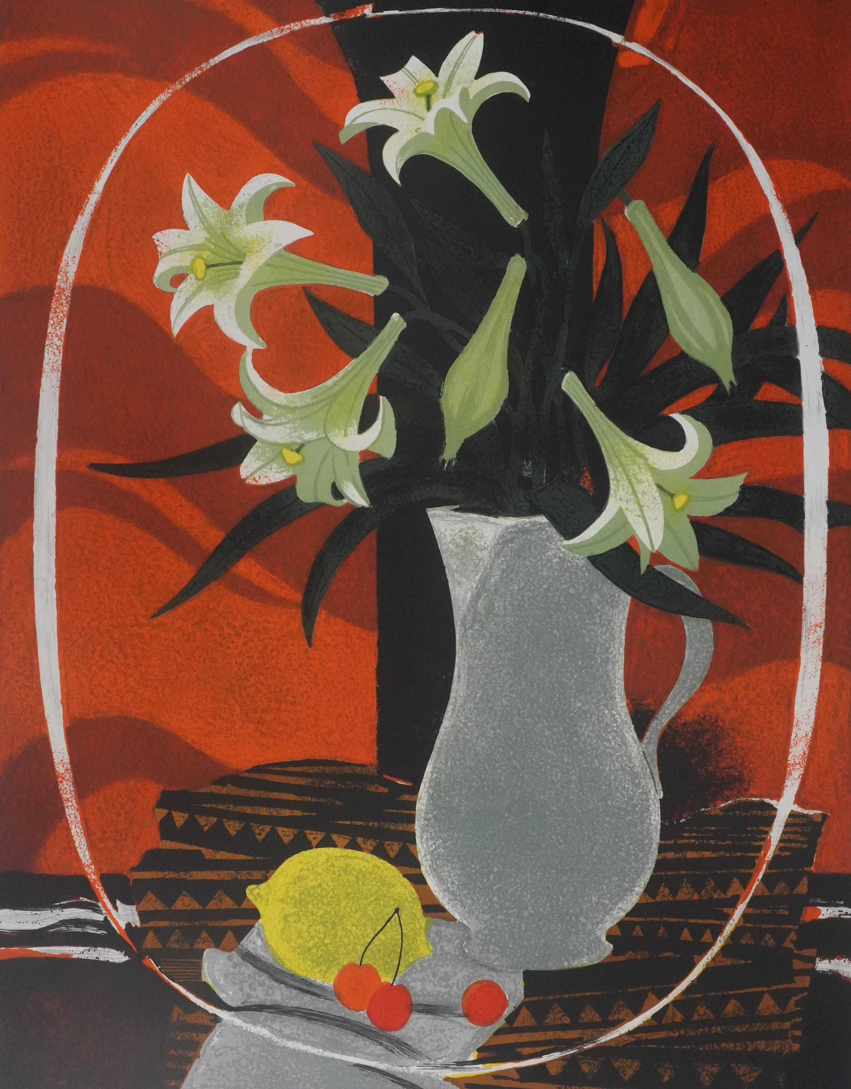 Yves GANNE (1931-2019)
Lilies on an Oranfe Background

Original Lithograph
Signed on pencil
Numbered on 140 copies
On vellum BFK Rives 75 x 53.5 cm (c. 29.52 x 20.86 in)

Very good condition, minor defects on the edges of the page (see photo)