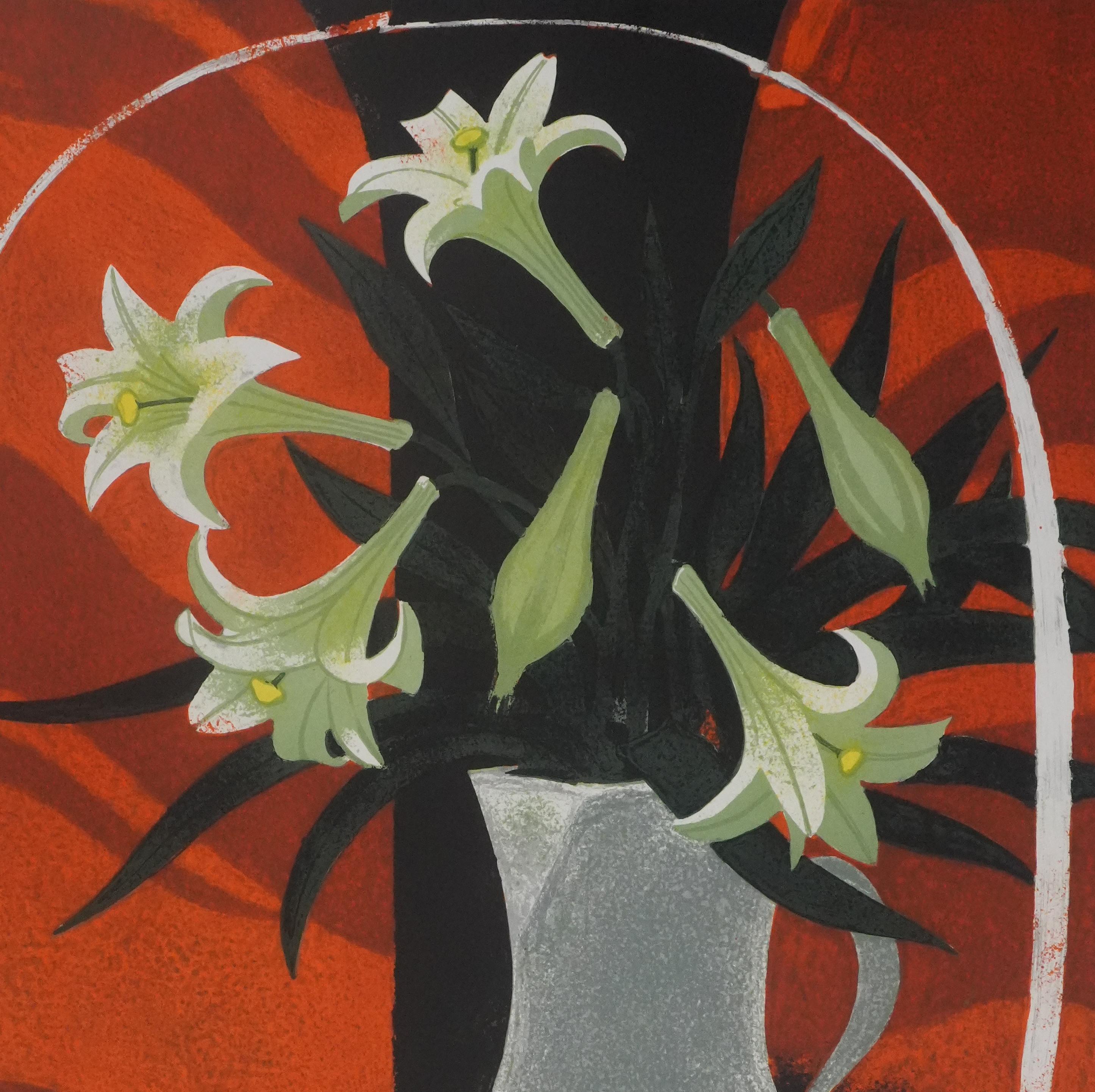 Lilies on an Orange Background - Original Lithograph Signed For Sale 1