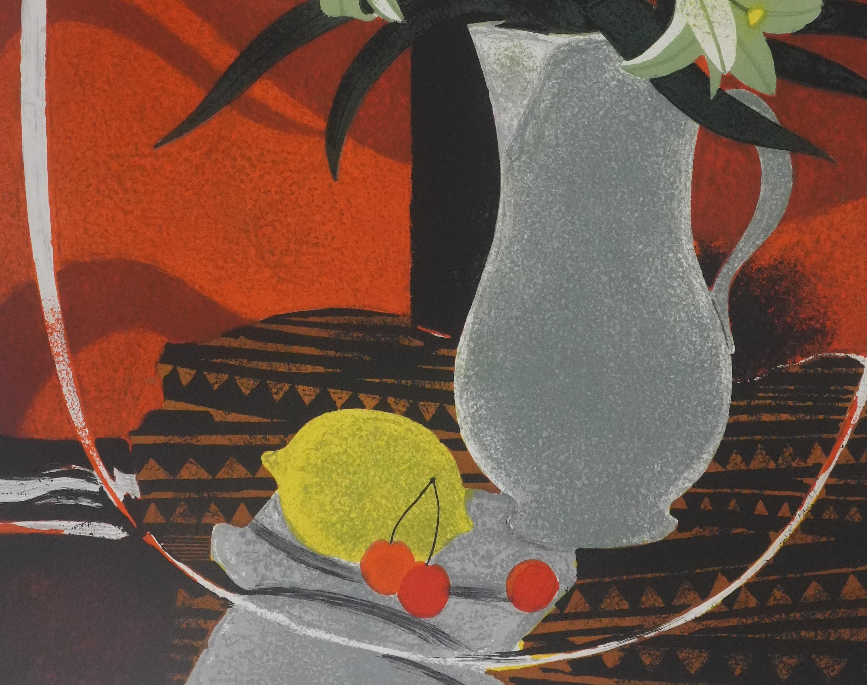 Lilies on an Orange Background - Original Lithograph Signed For Sale 2