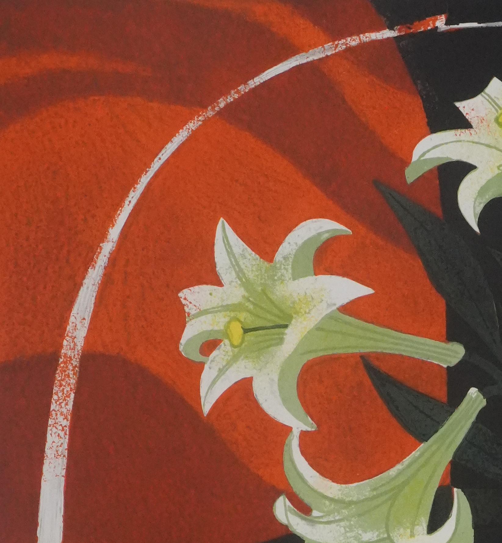 Lilies on an Orange Background - Original Lithograph Signed For Sale 3