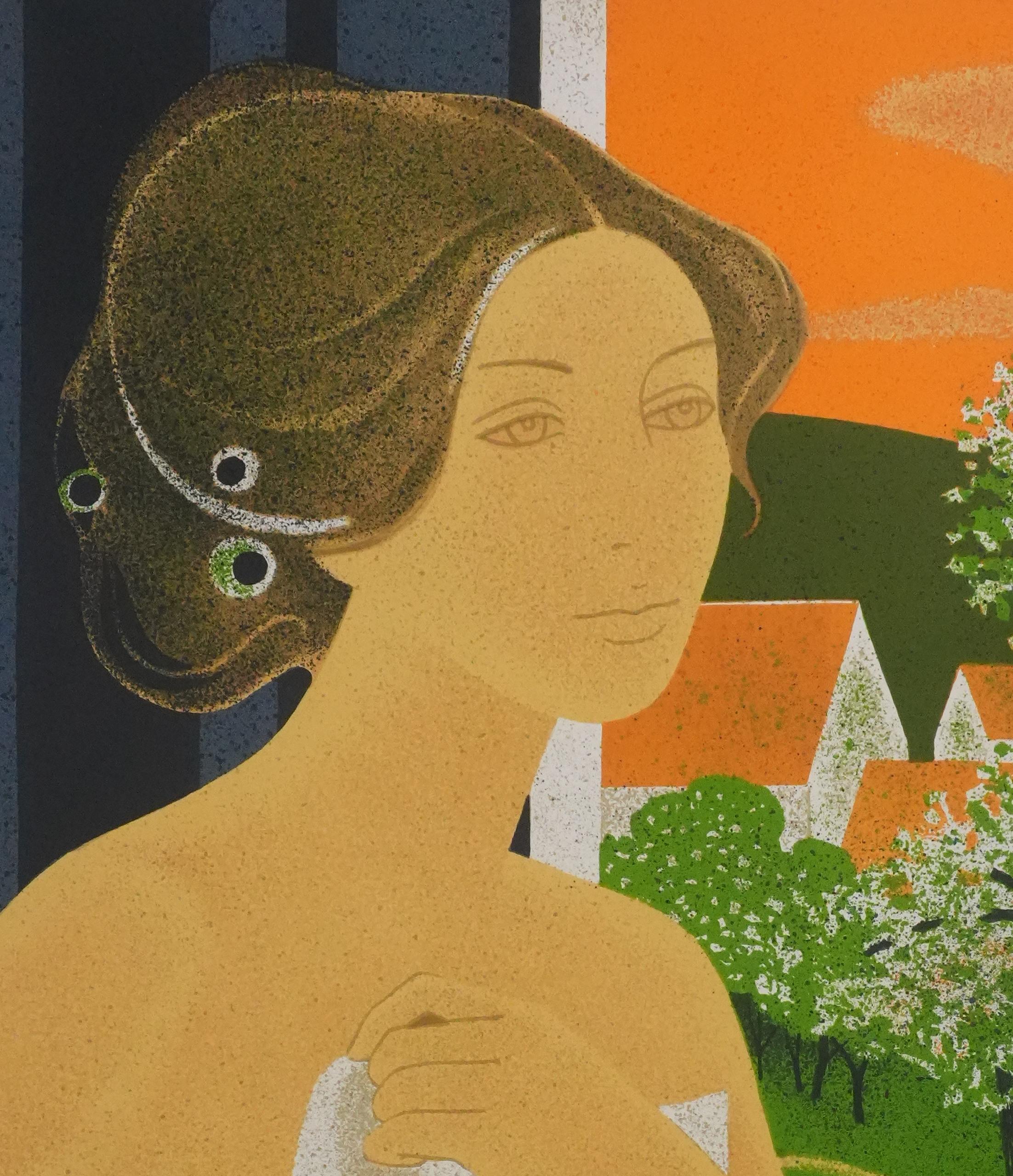 Nackte Frau auf dem Lande - Original Lithographie Signiert (Braun), Nude Print, von Yves Ganne