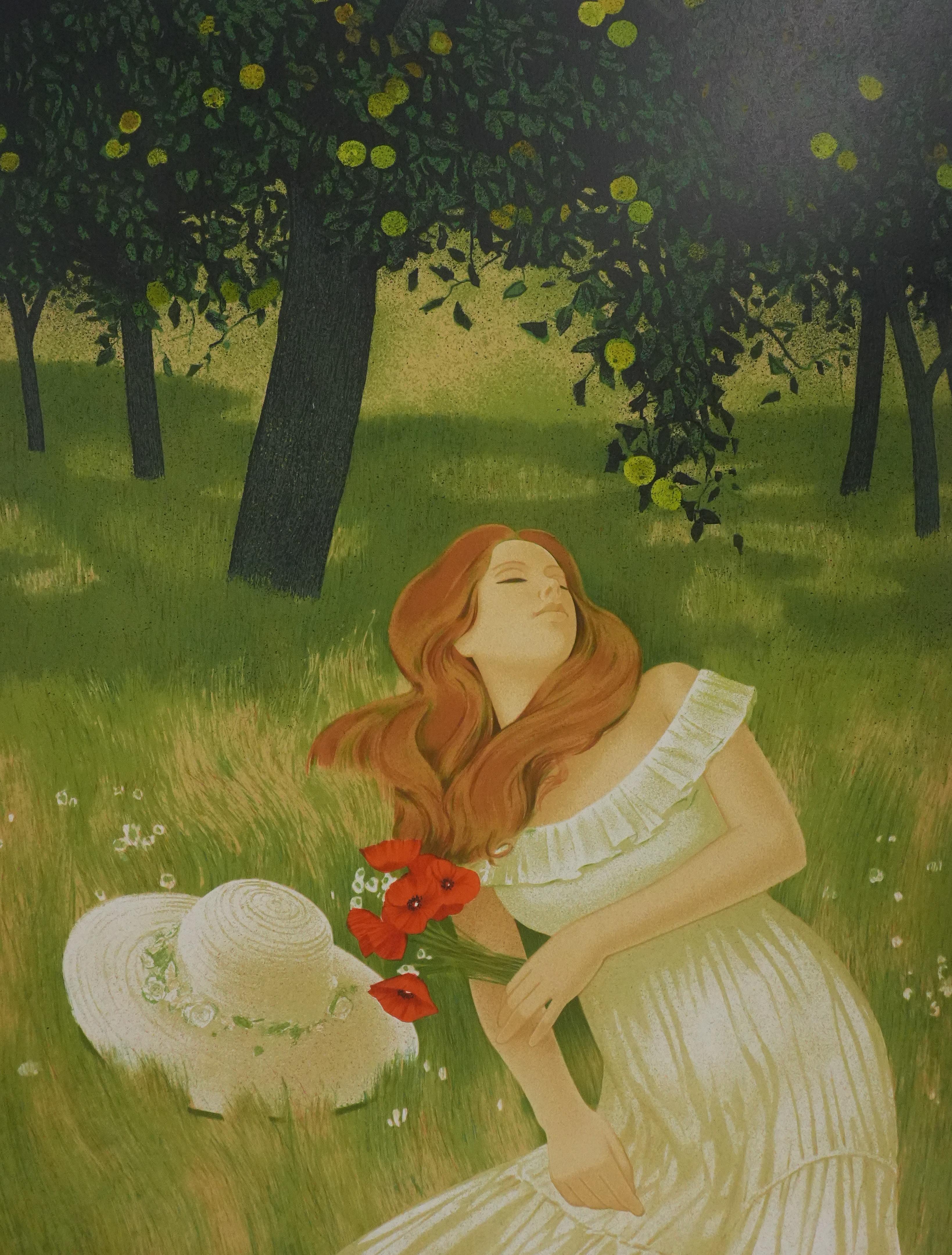 Nap under the Apple Trees - Original Lithograph Signed - Modern Print by Yves Ganne
