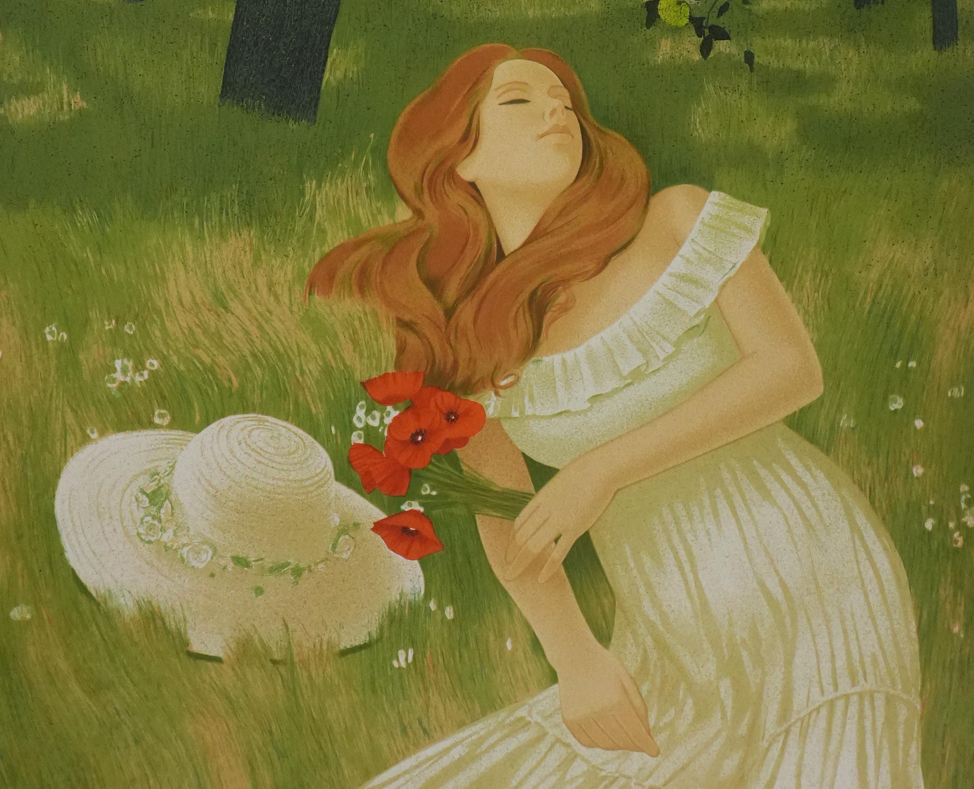 Nap under the Apple Trees - Original Lithograph Signed - Brown Figurative Print by Yves Ganne