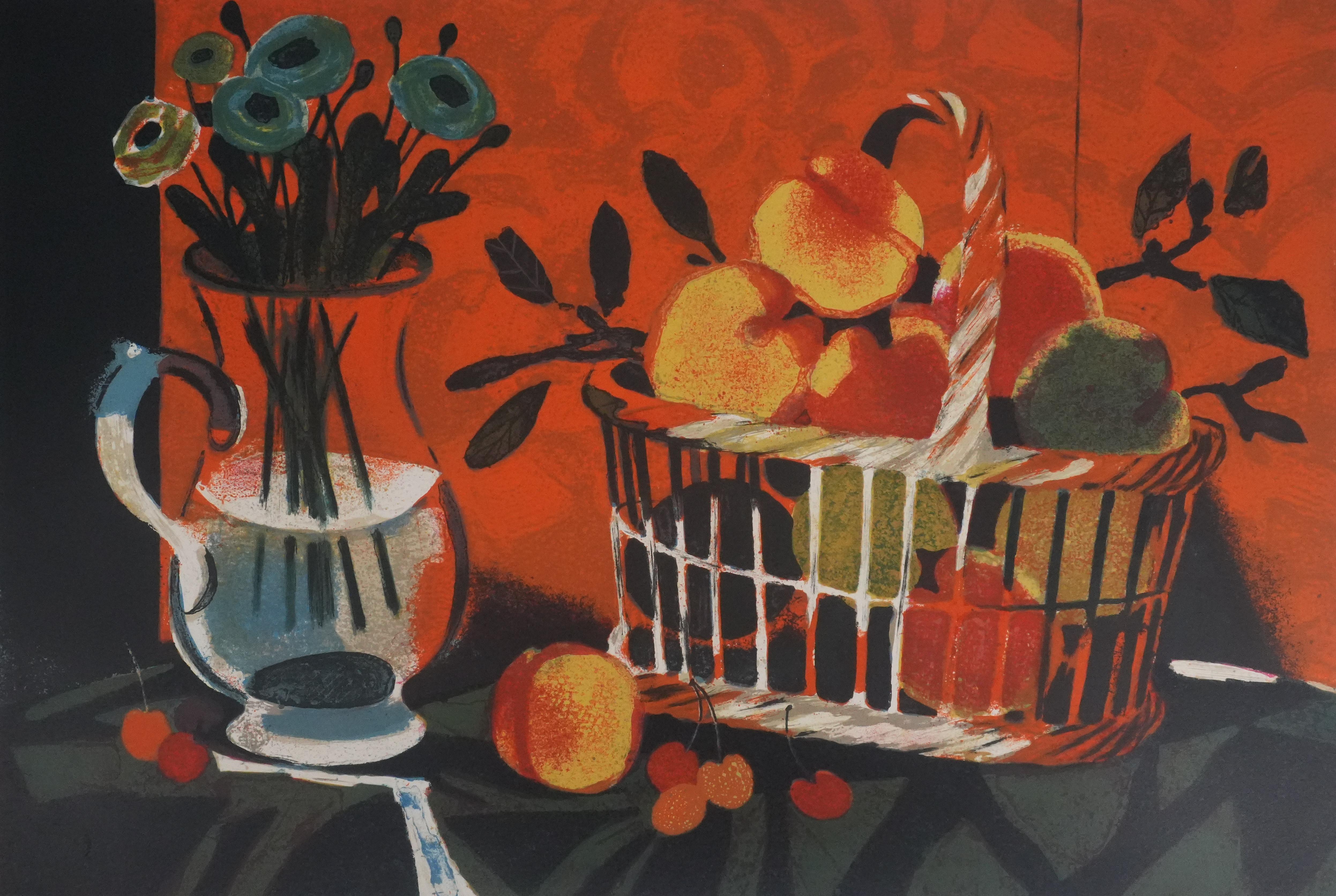 Peach Basket  - Original Lithograph Signed - Modern Print by Yves Ganne