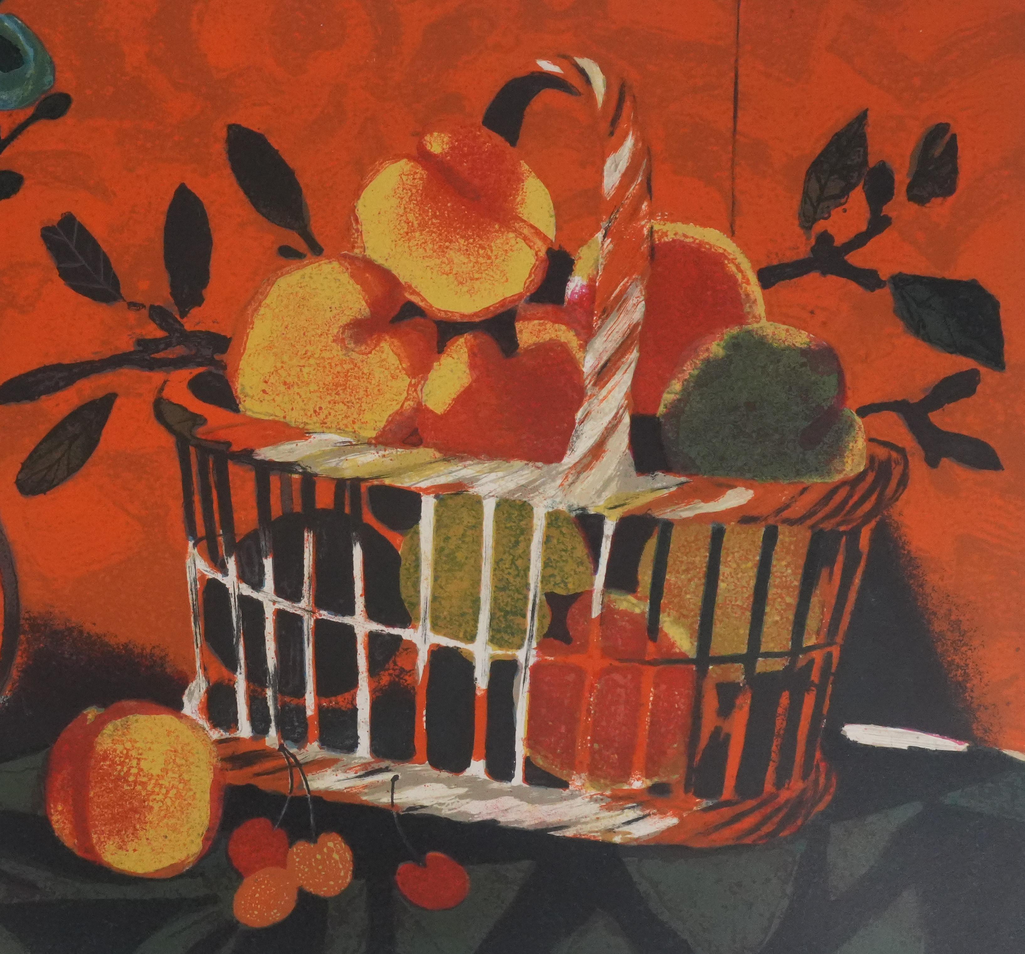 Peach Basket  - Original Lithograph Signed - Brown Still-Life Print by Yves Ganne