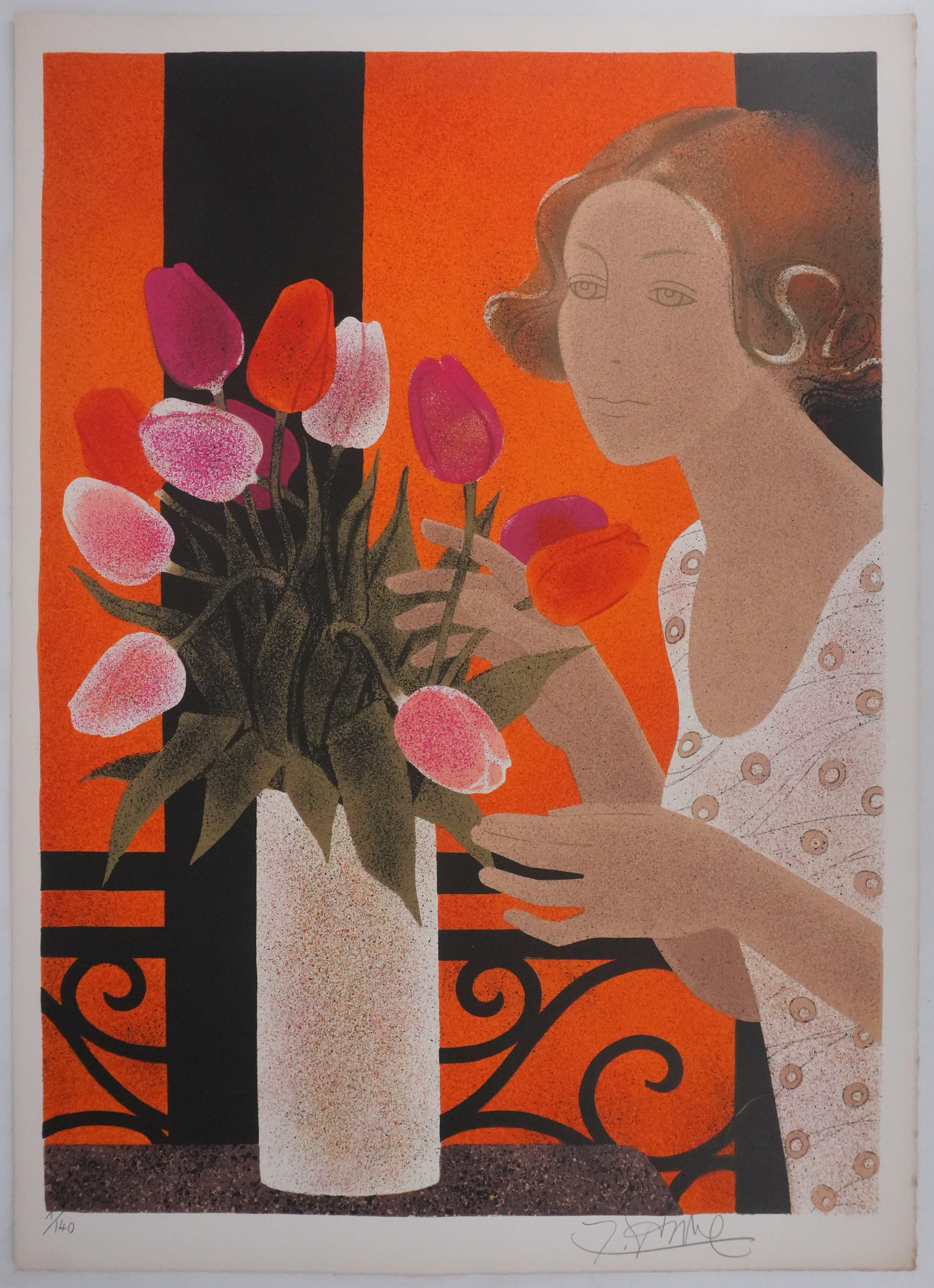 The Bouquet of Tulips - Original Lithograph Signed