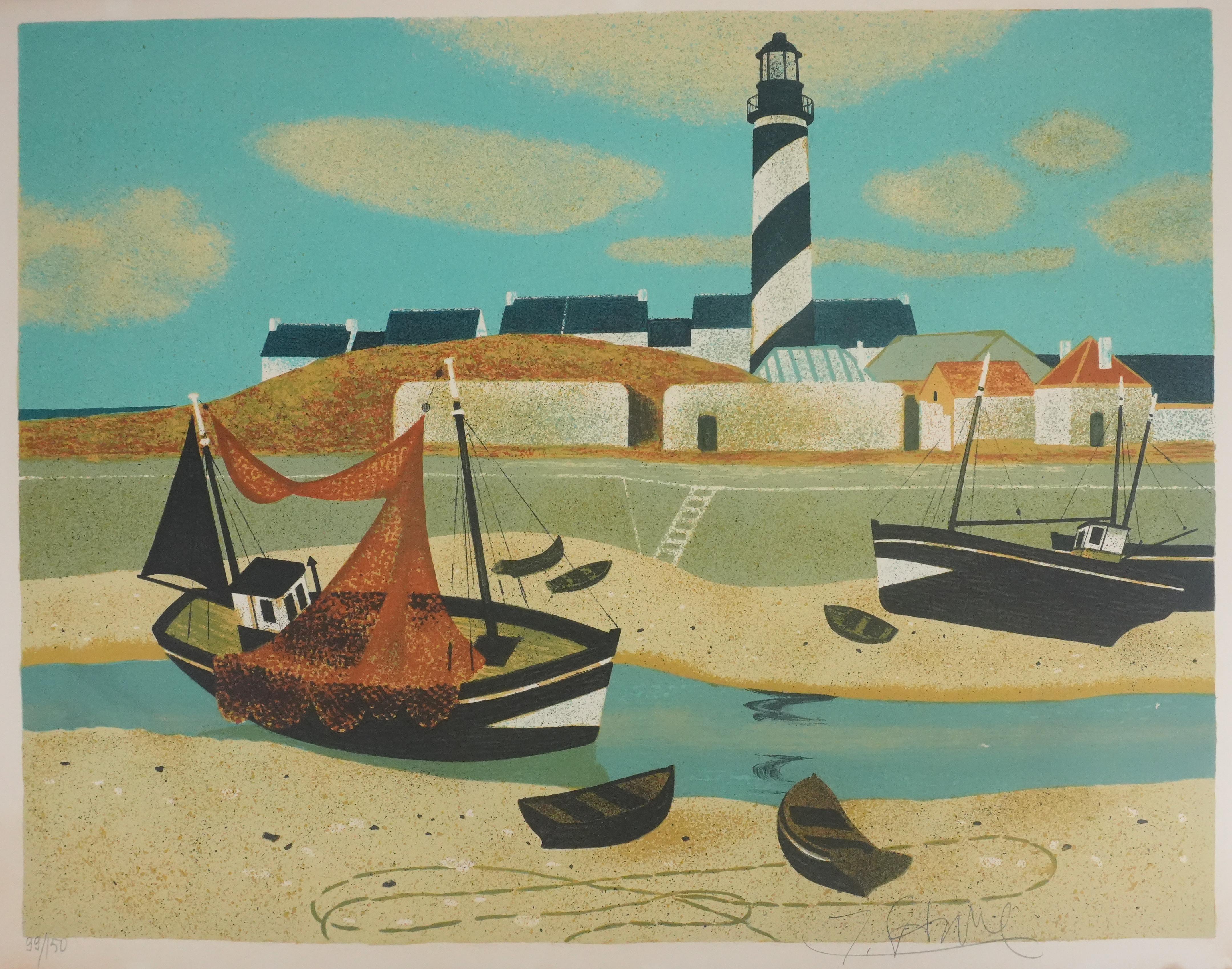 The Lighthouse Boat - Original Lithograph Signed - Modern Print by Yves Ganne