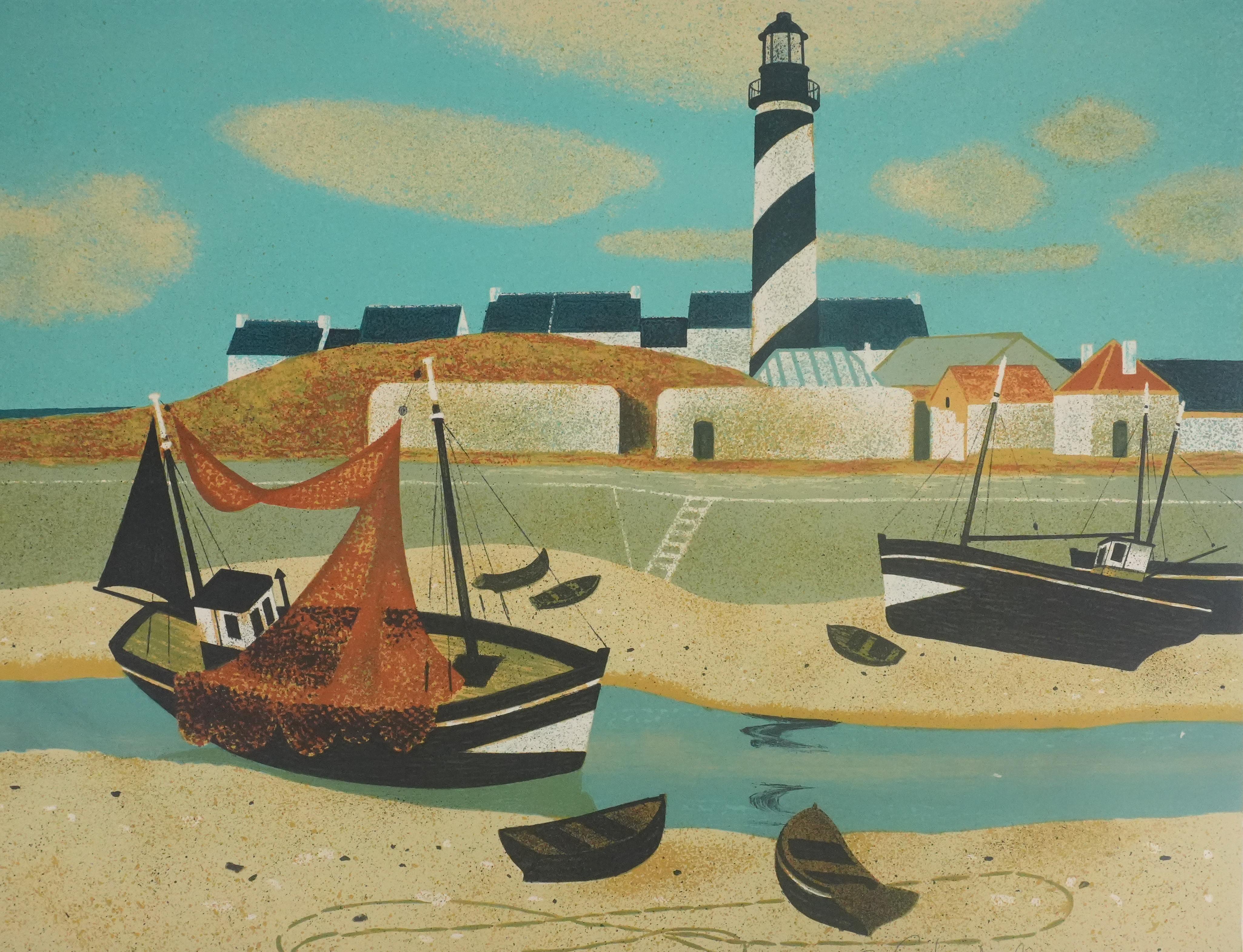 The Lighthouse Boat - Original Lithograph Signed - Gray Figurative Print by Yves Ganne
