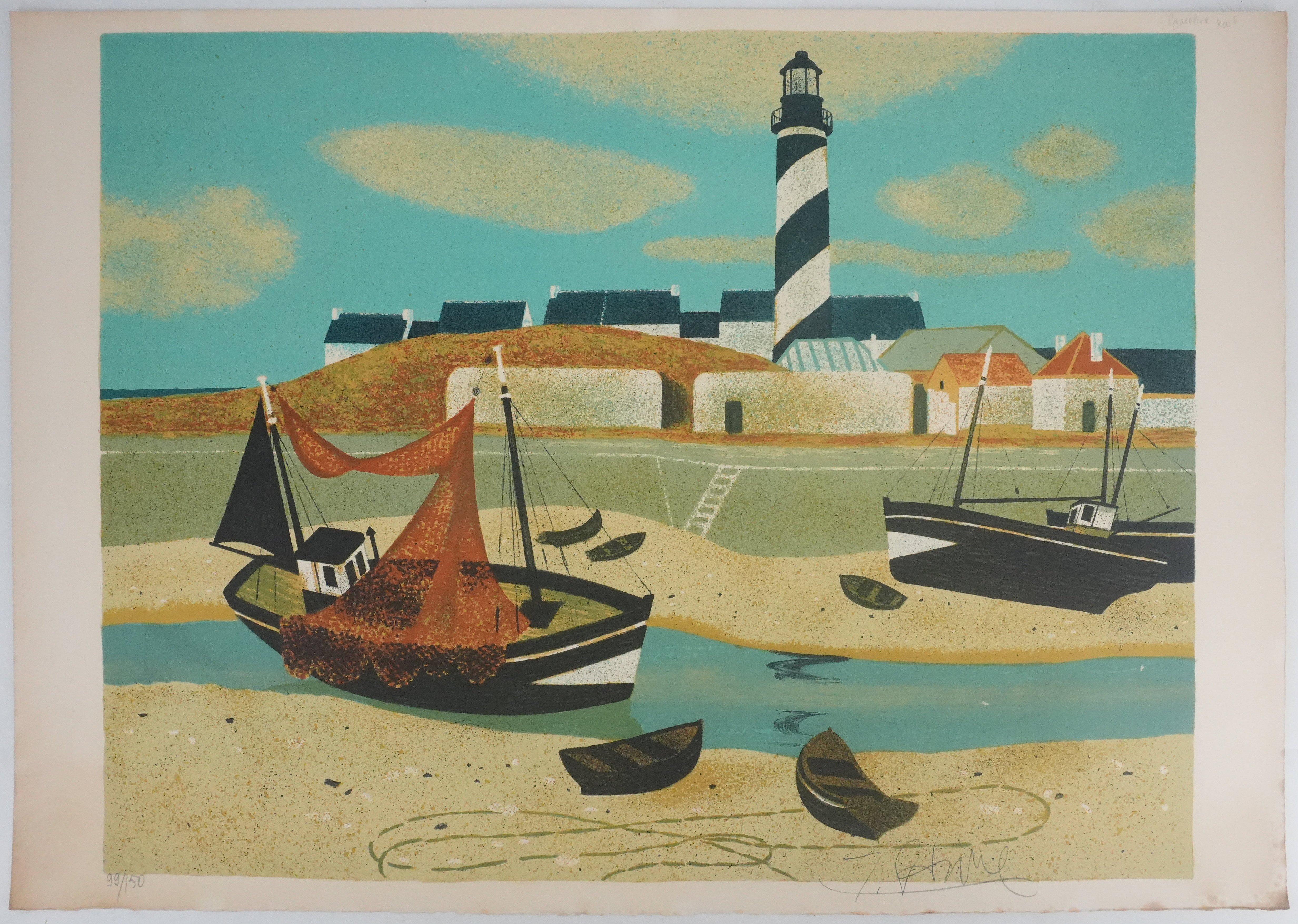 Yves Ganne Figurative Print - The Lighthouse Boat - Original Lithograph Signed