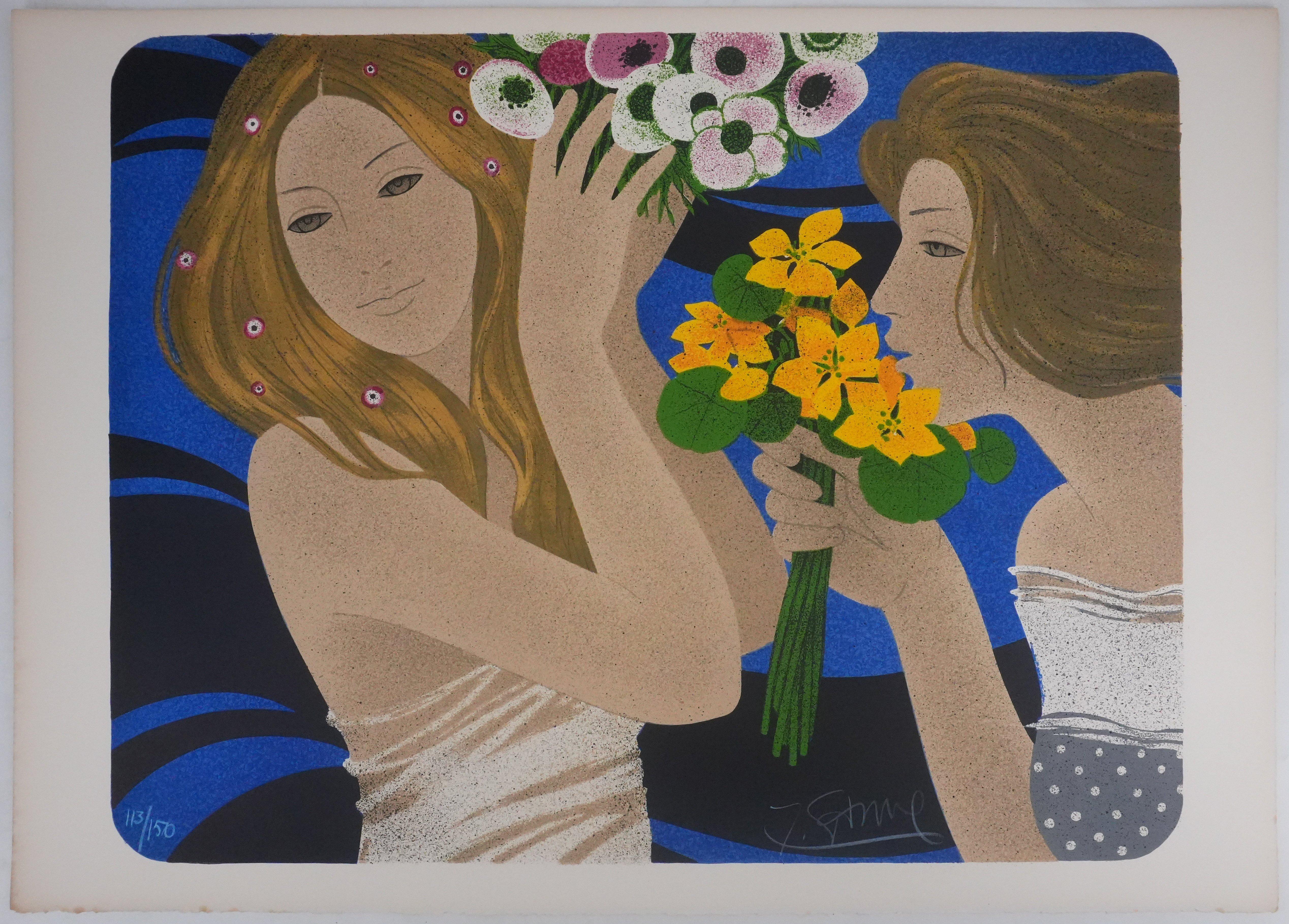 The Two Women with Bunches of Flowers - Original Lithograph Signed