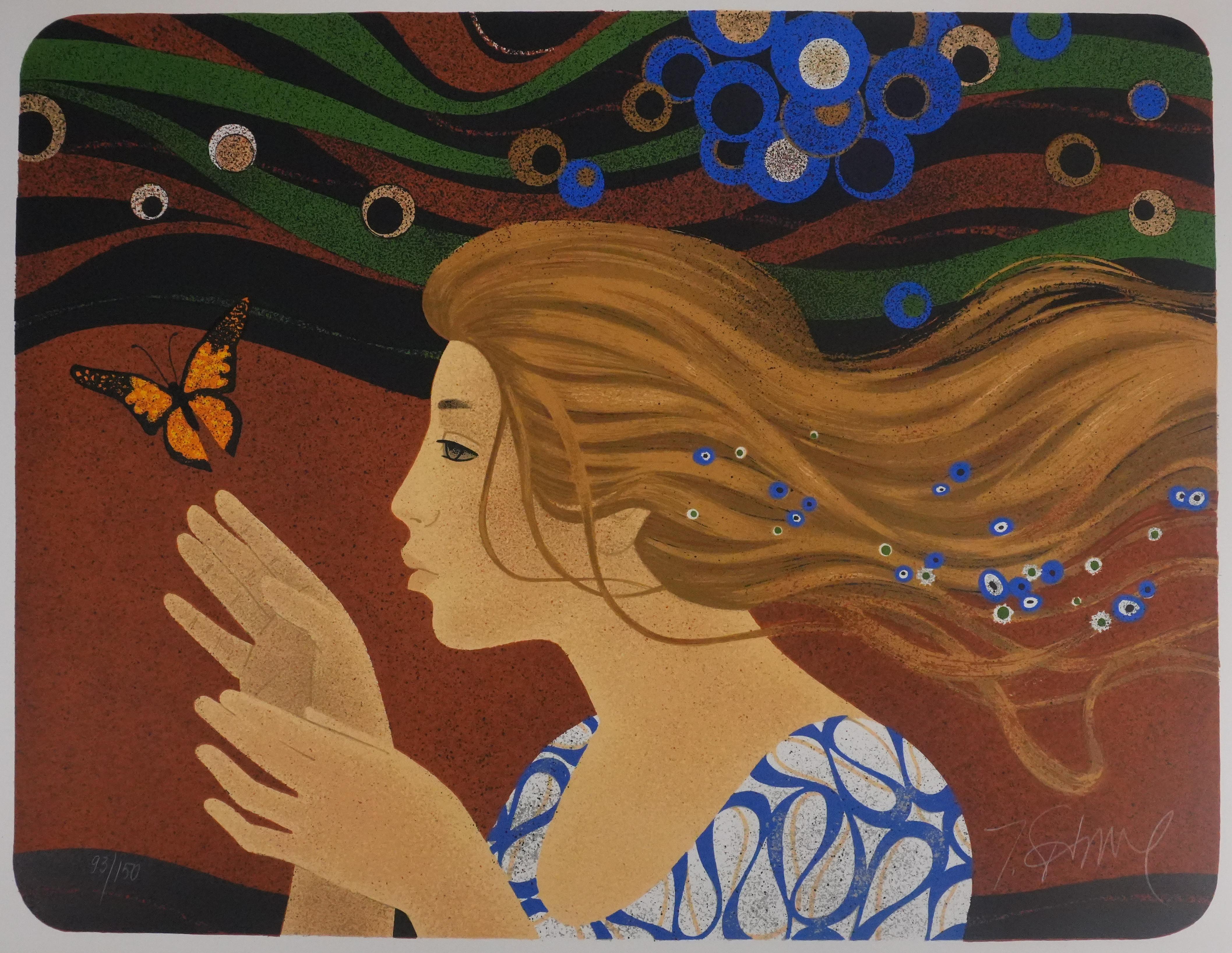 The Woman with the Butterfly - Original Lithograph Signed - Modern Print by Yves Ganne