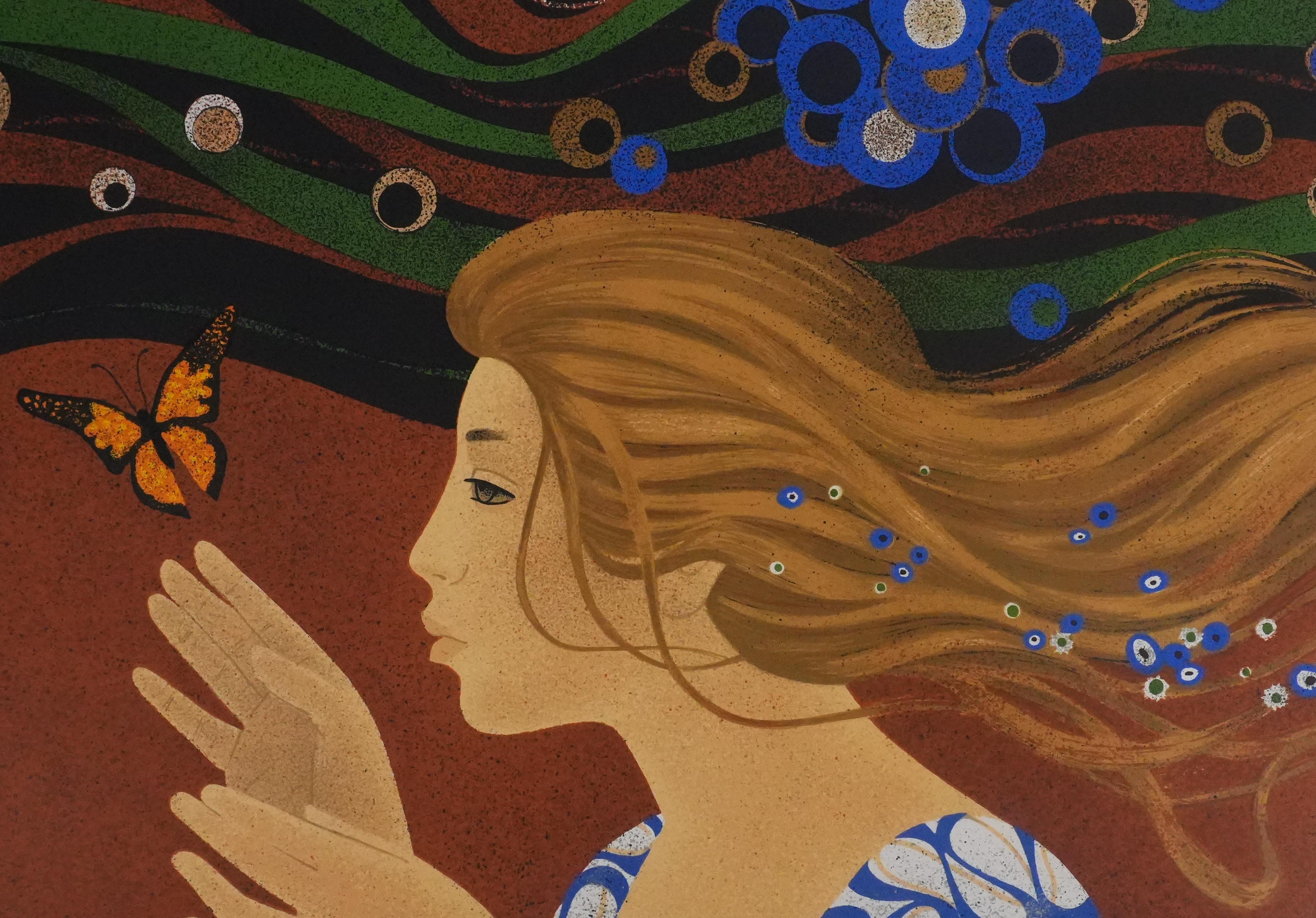 The Woman with the Butterfly - Original Lithograph Signed - Brown Figurative Print by Yves Ganne