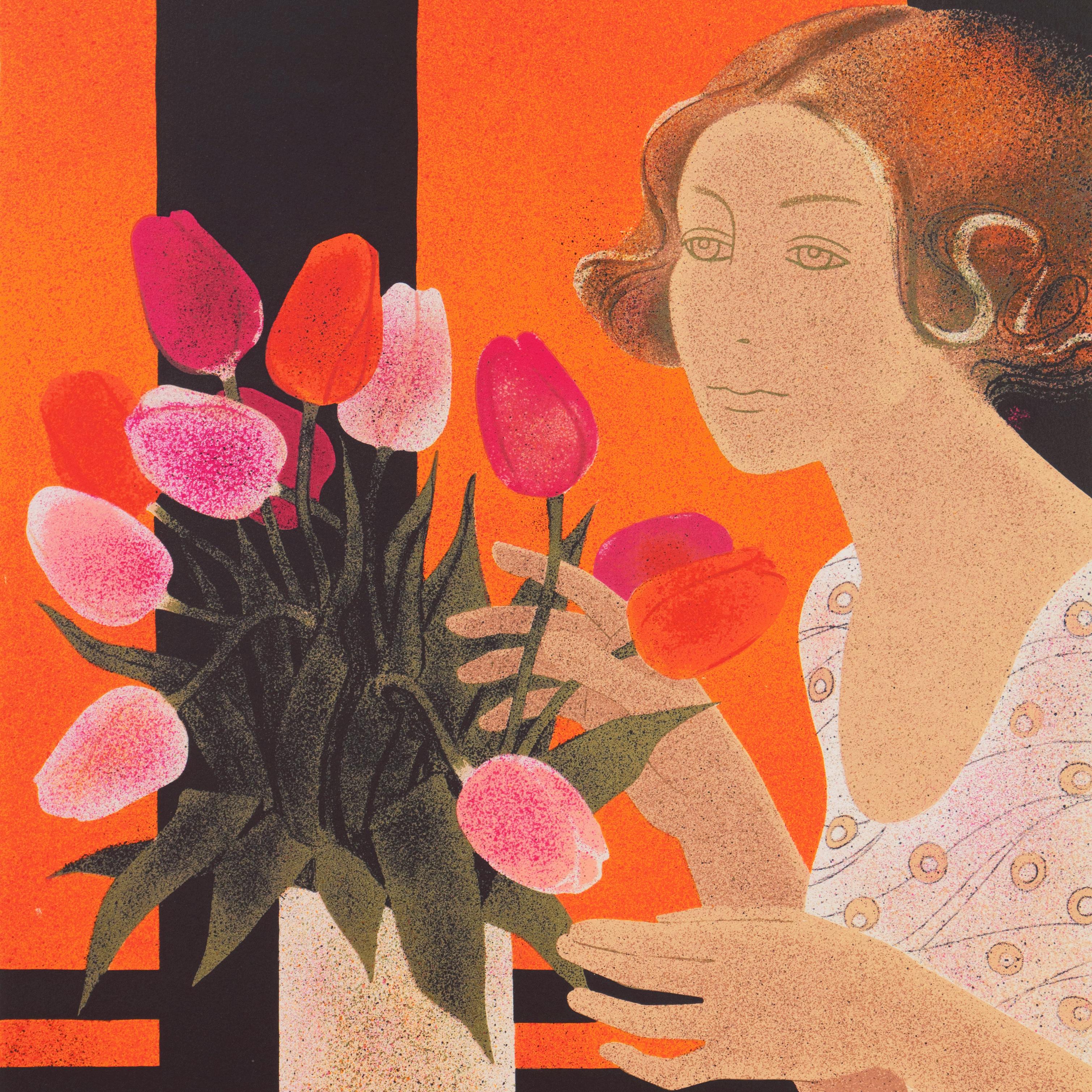 « Still Life of Tulips », École des Beaux-Arts de Nantes, Musée d'Art Moderne, Paris - Orange Figurative Print par Yves Ganne