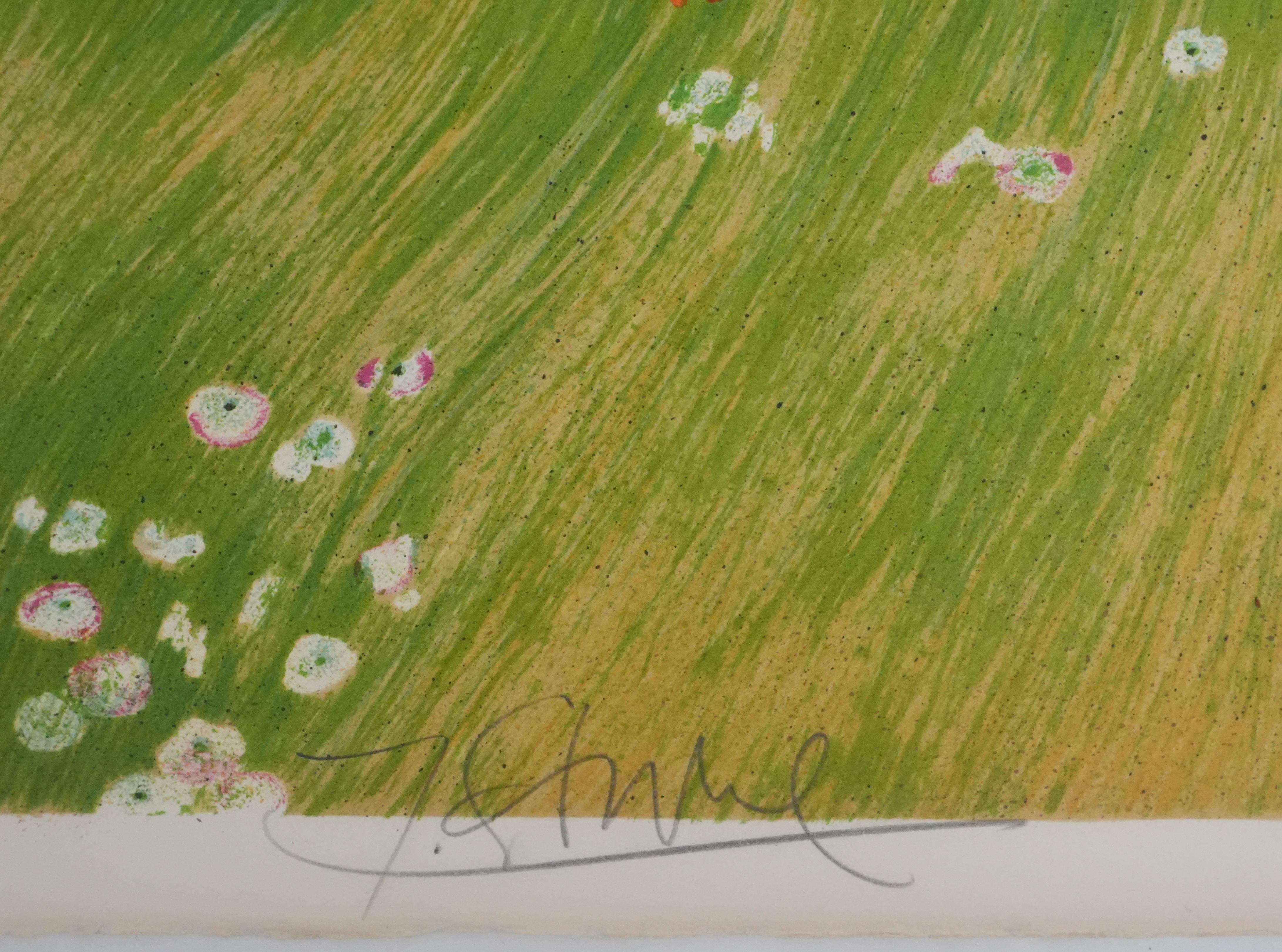 Frau inmitten von Mohnblumen liegend - Original-Lithographie signiert – Print von Yves Ganne