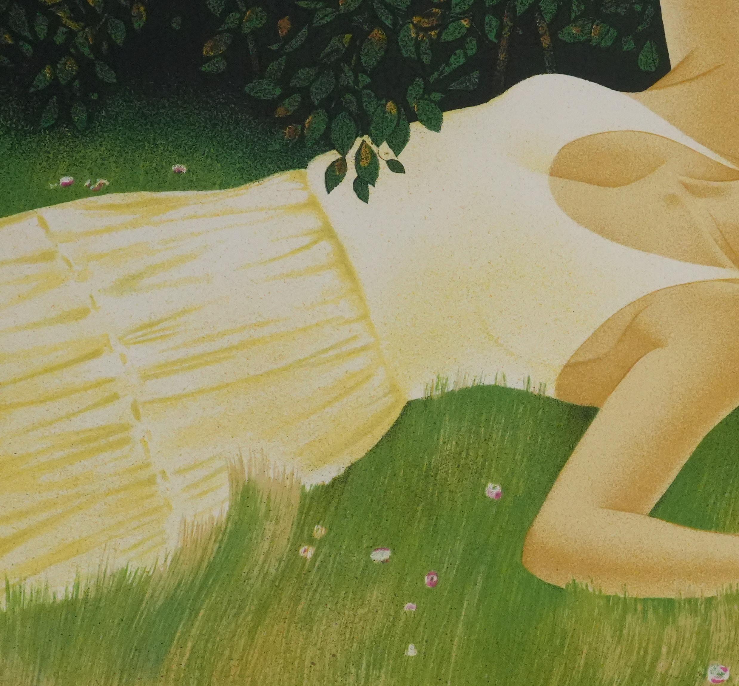 Frau inmitten von Mohnblumen liegend - Original-Lithographie signiert im Angebot 1