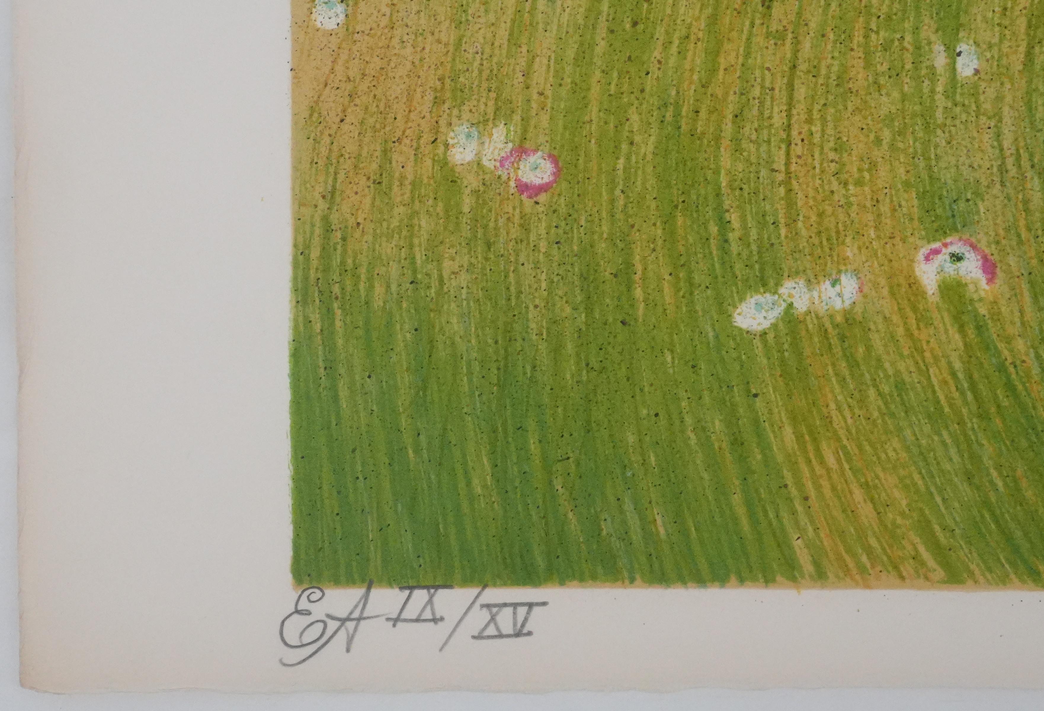 Frau inmitten von Mohnblumen liegend - Original-Lithographie signiert im Angebot 2