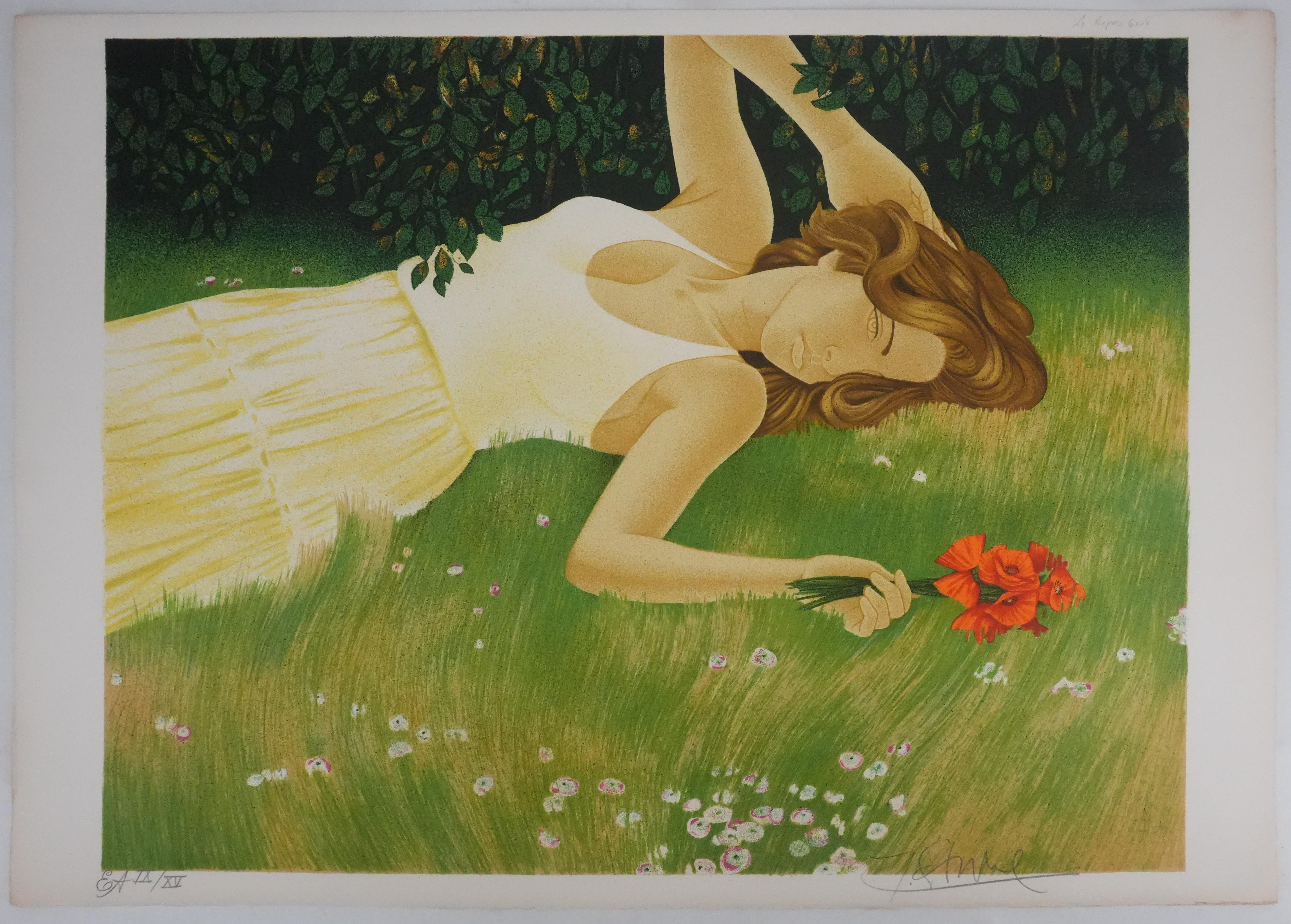 Woman Lying Down Among Poppies - Original Lithograph Signed