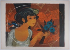 Woman with a Blue Bouquet - Original Lithograph Signed
