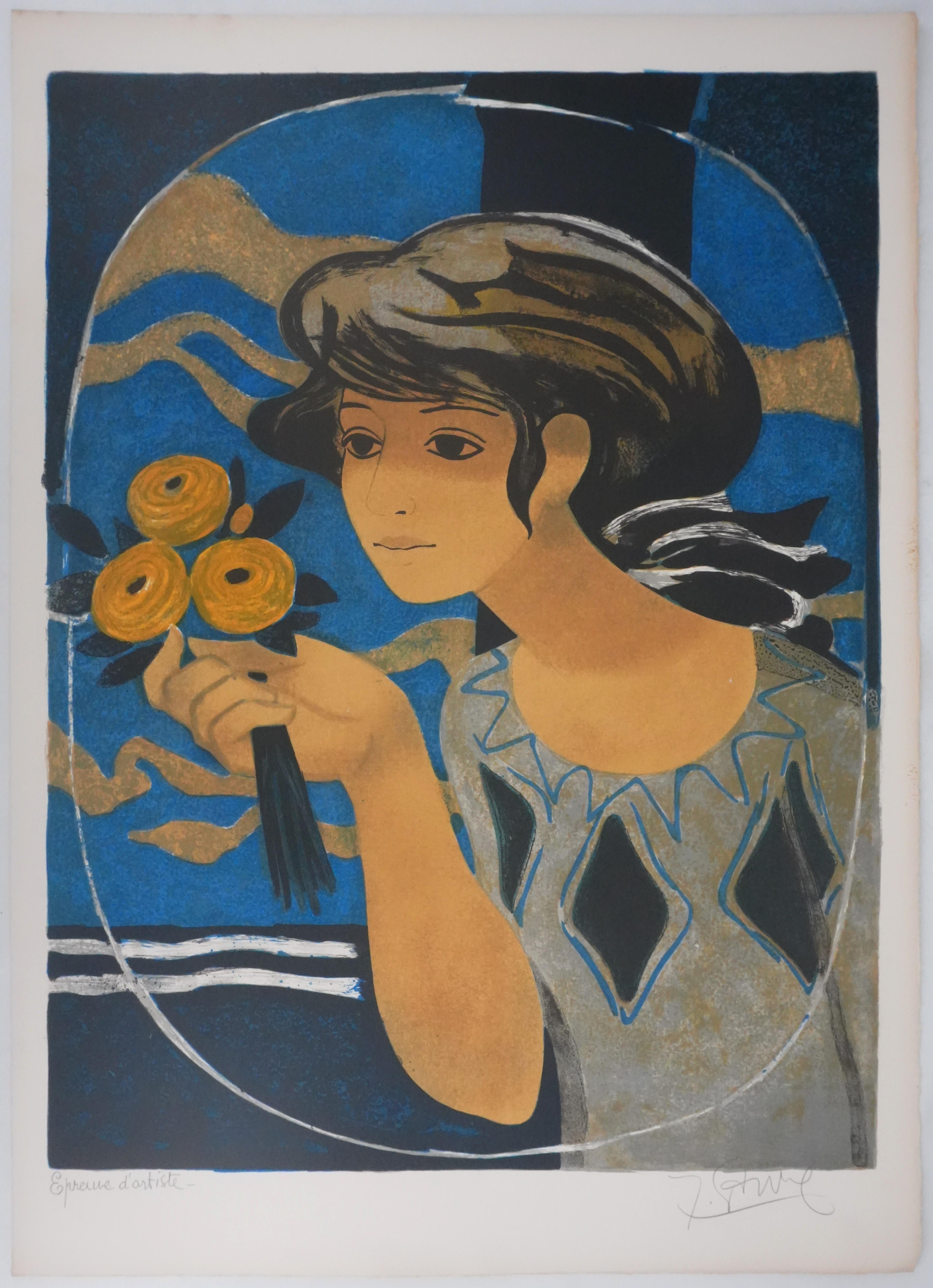 Portrait Print Yves Ganne - Woman with a Bouquet Against a Blue Background - Original Lithograph Signed