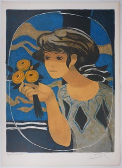 Woman with a Bouquet Against a Blue Background - Original Lithograph Signed