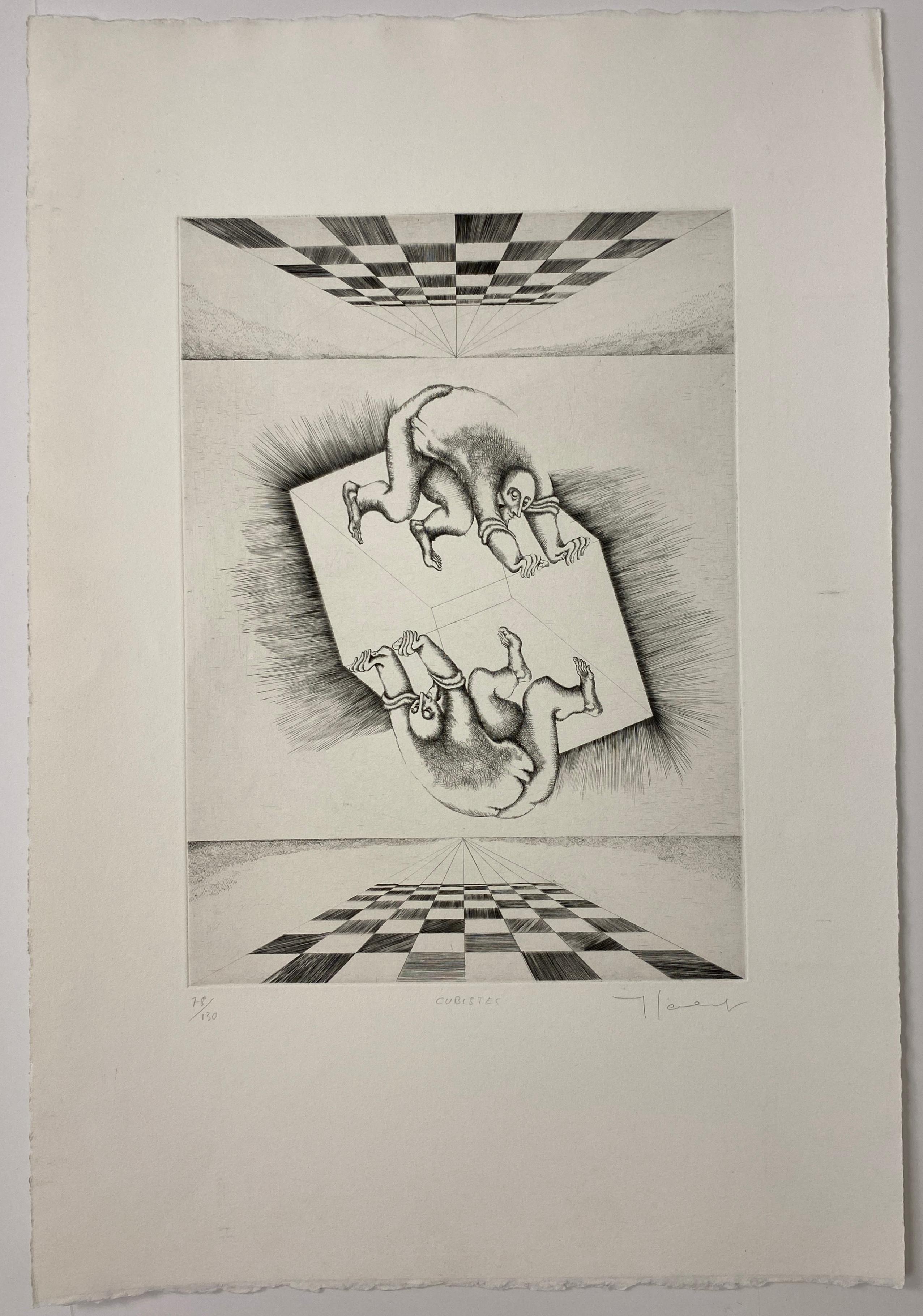 Gravure originale captivante en noir et blanc de l'artiste surréaliste français Yves Jobert. 
Cette œuvre d'art est intitulée 