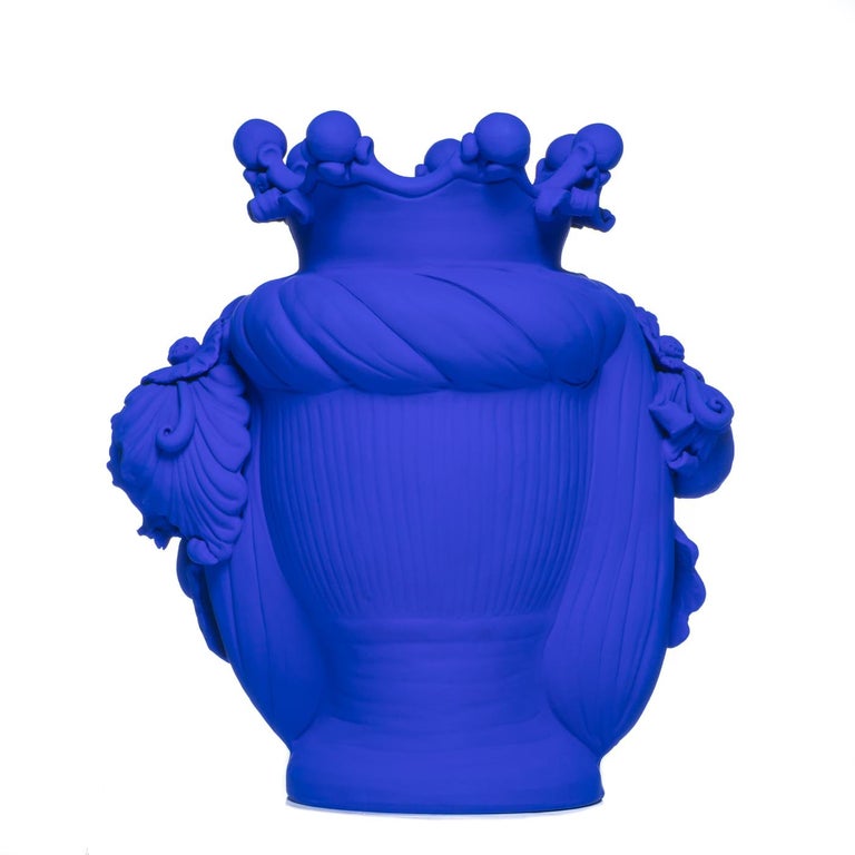 Italian Blue and Gold Leaf Sicilian Vase, Designed by Stefania Boemi For Sale