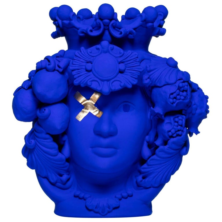 Blue and Gold Leaf Sicilian Vase, Designed by Stefania Boemi For Sale