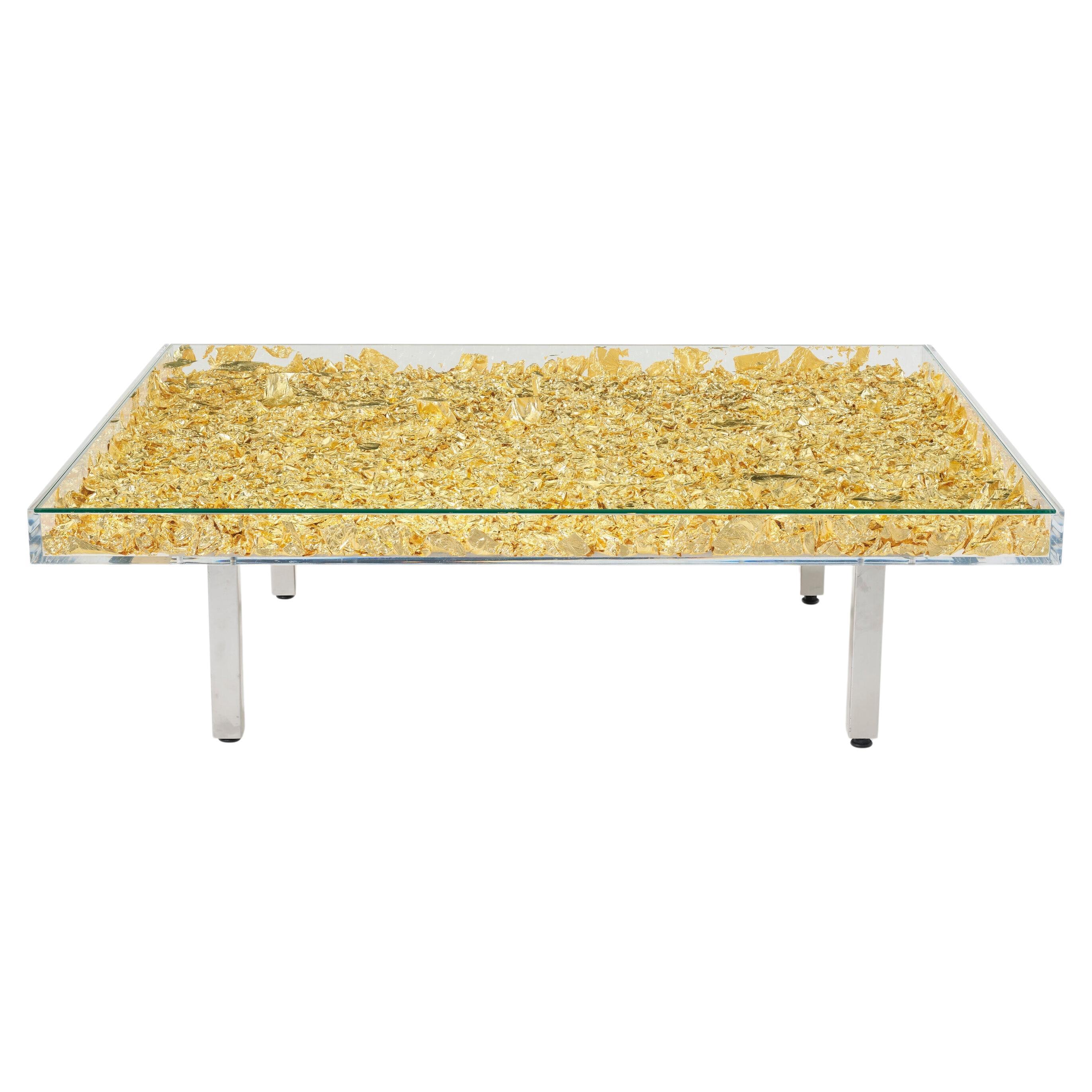 Mesa de cristal dorado "Monogold" de Yves Klein, caja acrílica de cristal transparente, Francia Años 60 en venta