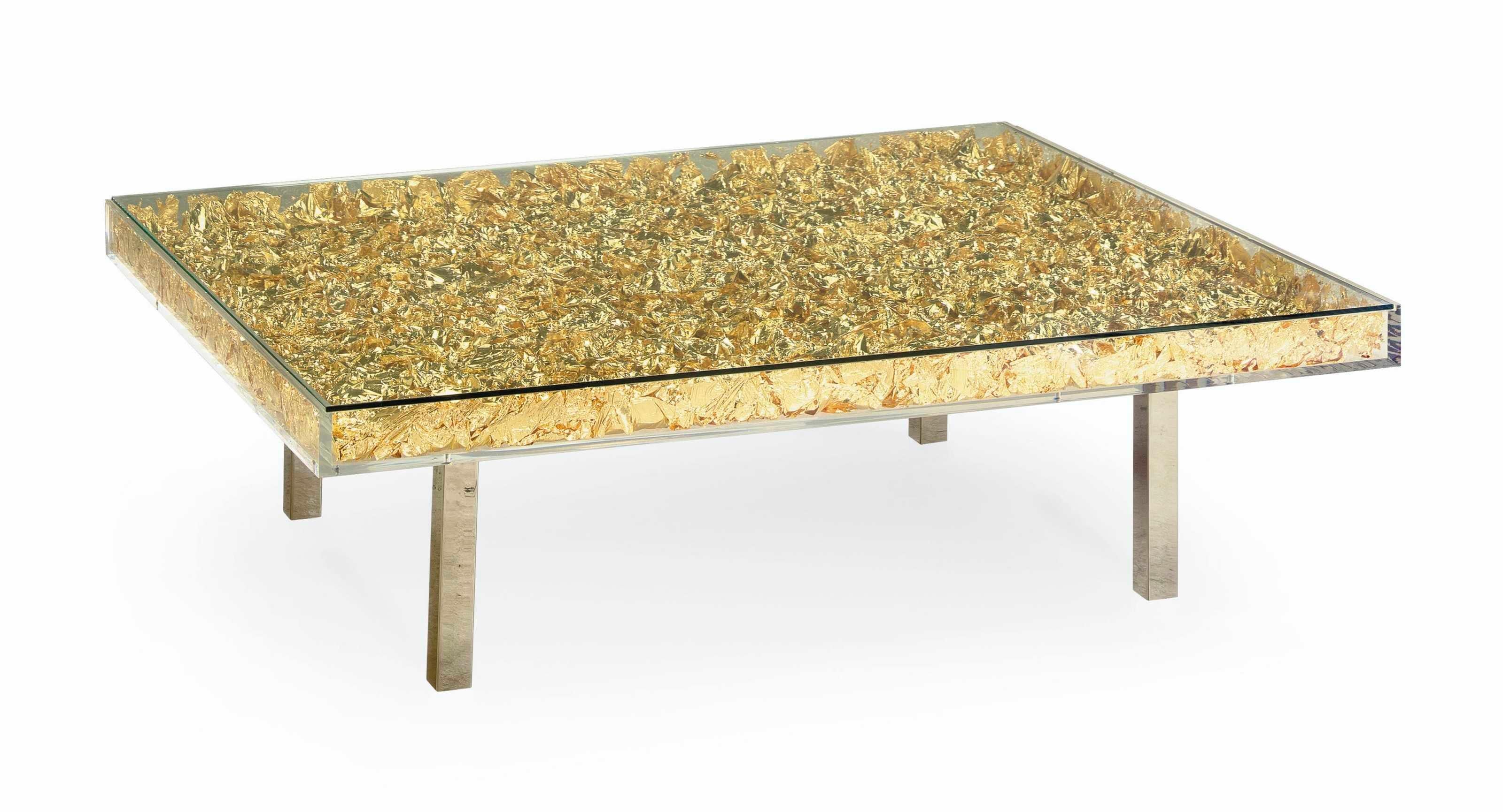 Yves Klein Monogold table with glass top and plexiglass incorporating gold leaves on chrome-plated straight legs. Cartel under the table bearing the serial number and the signature of Mrs. Rotraut Klein-Moquay.