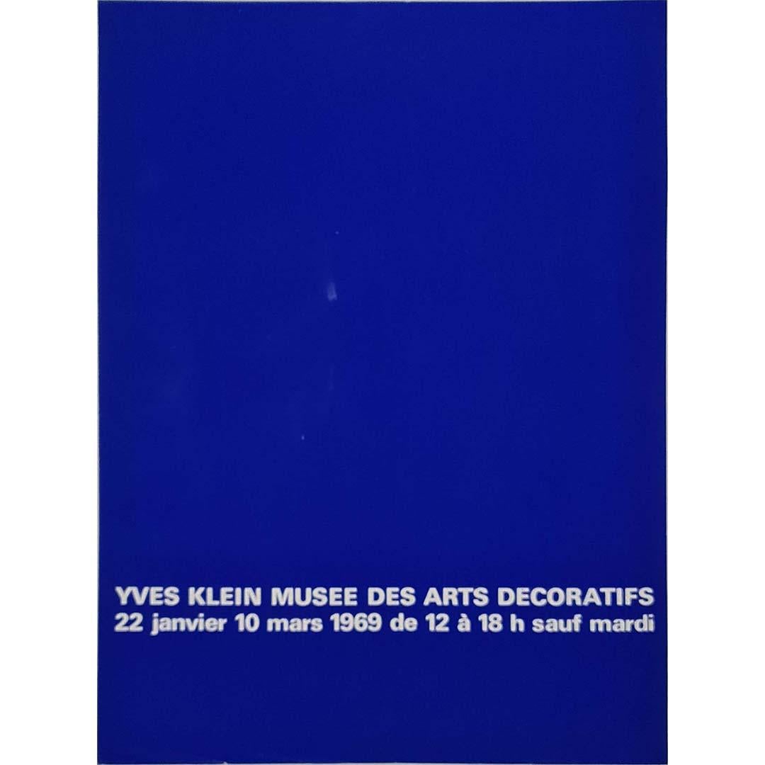 The screen print poster after Yves Klein for the 1969 exhibition at the Musée des Arts Décoratifs encapsulates the artist's avant-garde approach and profound influence on contemporary art. Renowned for his exploration of color, space, and concept,