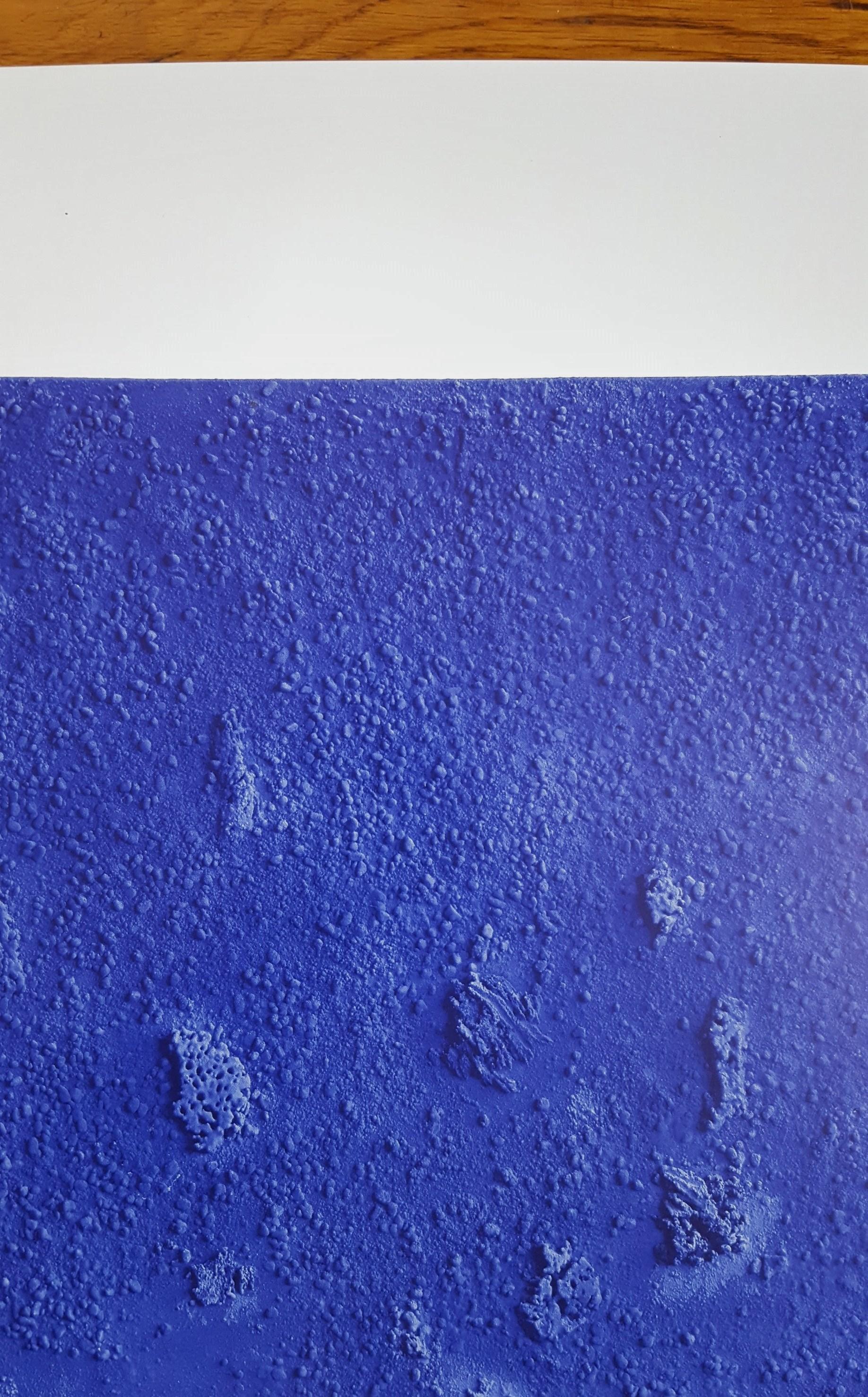 A vintage offset-lithograph poster on heavy poster paper after French artist Yves Klein (1928-1962) titled “RE 19 (Relief Eponge Bleu)”, c. 1990. Published and printed by Mercurius Art Publishing bv, Bruynvisweg 4, 1531 AZ Wormer, Holland.