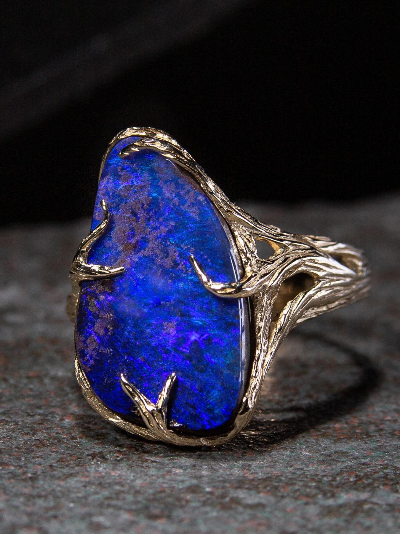 Opal Ring Yellow Gold Electric Blue Natural Boulder Australian opal For Sale 1