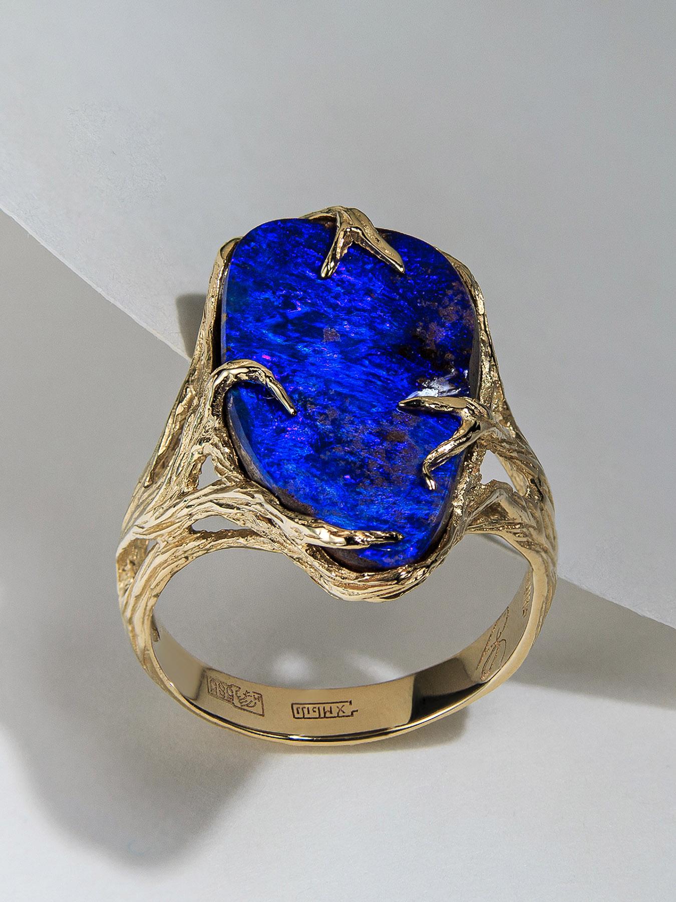 Opal Ring Yellow Gold Electric Blue Natural Boulder Australian opal For Sale 3