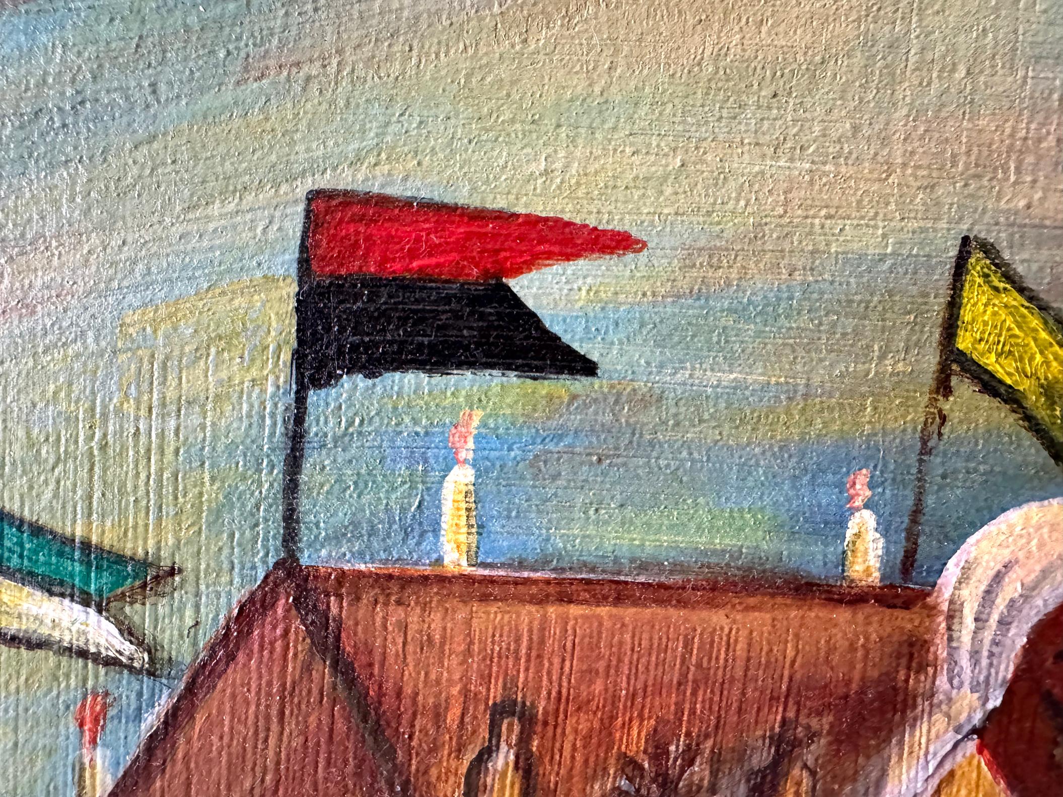 Of all the Haitian Voodoo ceremony paintings, few depict the ceremony at sea. This is a rare example.  Vodou ceremonies at sea often depict rituals for Agwe (sea spirit) or La Sirène (mermaid spirit), showcasing community, water spirits, and the