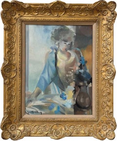 Yves Mériel Bussy Le Corsage Bleu Oil Painting French Female Portrait 1990
