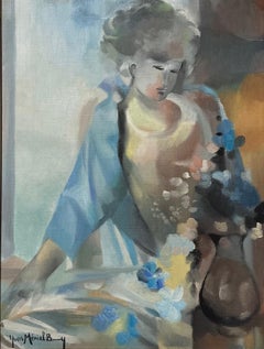 Yves Mériel Bussy Le Corsage Bleu Oil Painting French Female Portrait 1990