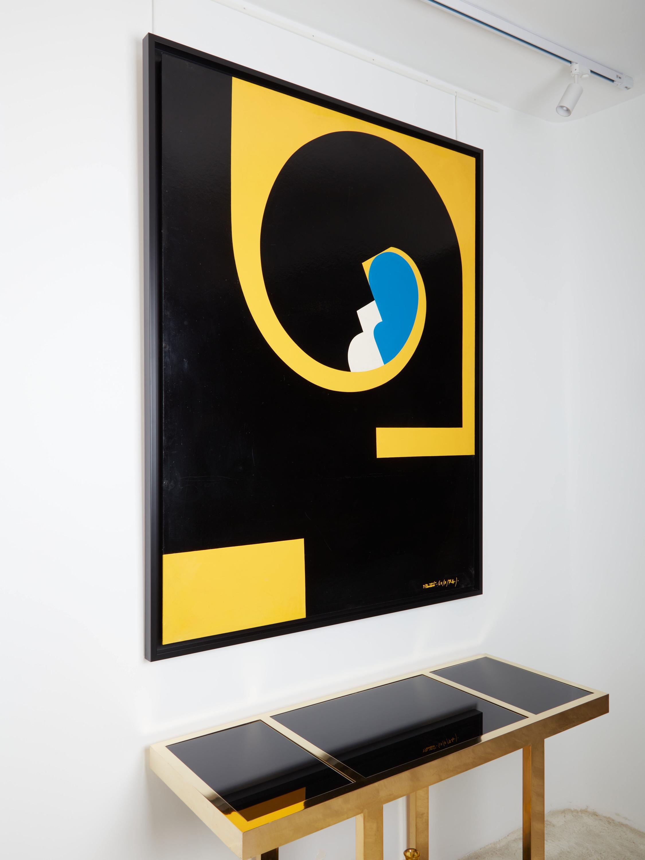 This is a very large and graphic oil on wood panel by French artist Yves Plantevin, signed Y.Plantevin and dated 1974 in the lower right corner. It’s been framed with a black shadow box matching the painting. The size includes the frame.
