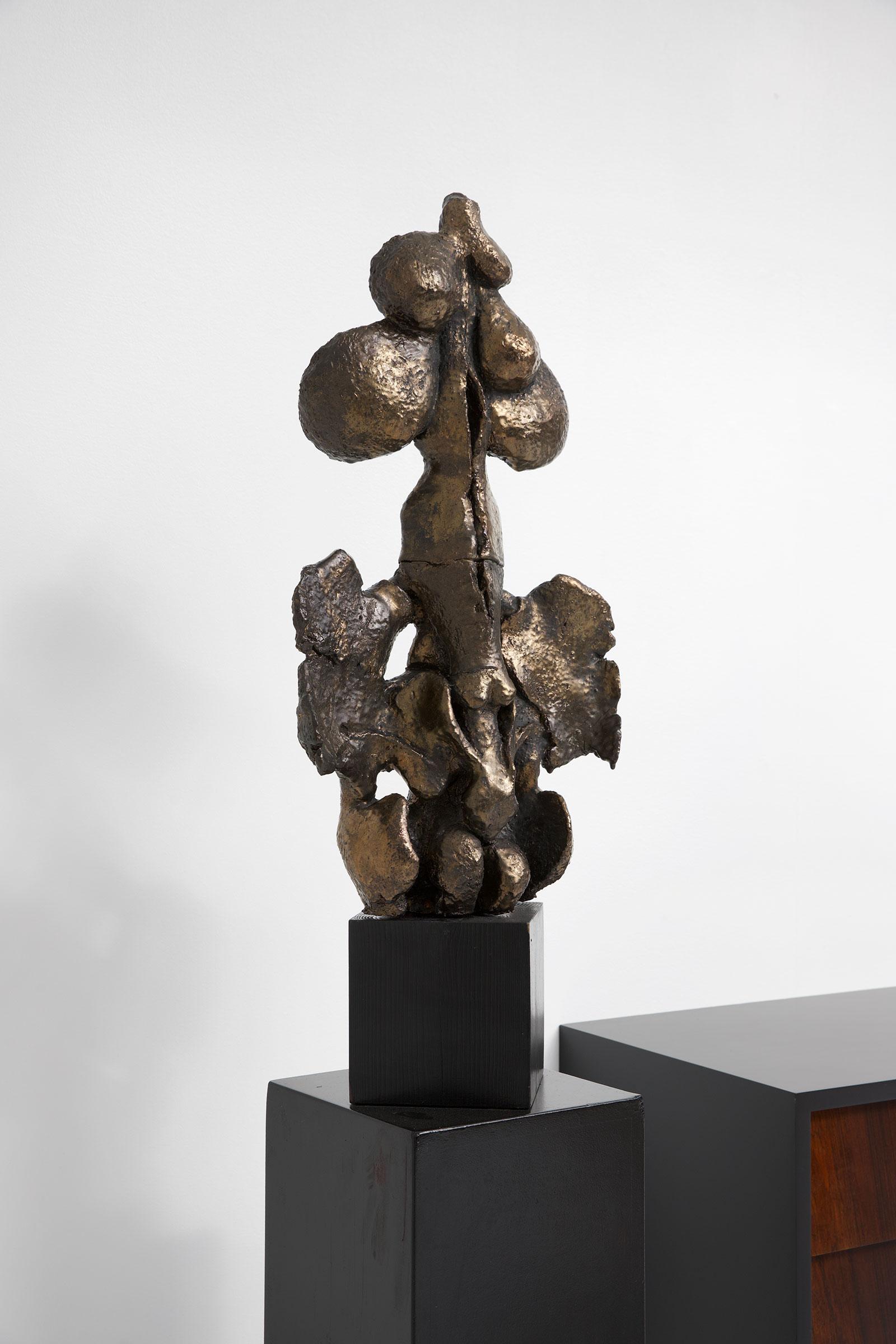 Yves Rhaye Ceramic Sculpture with Wooden Pedestal, 1960s 1