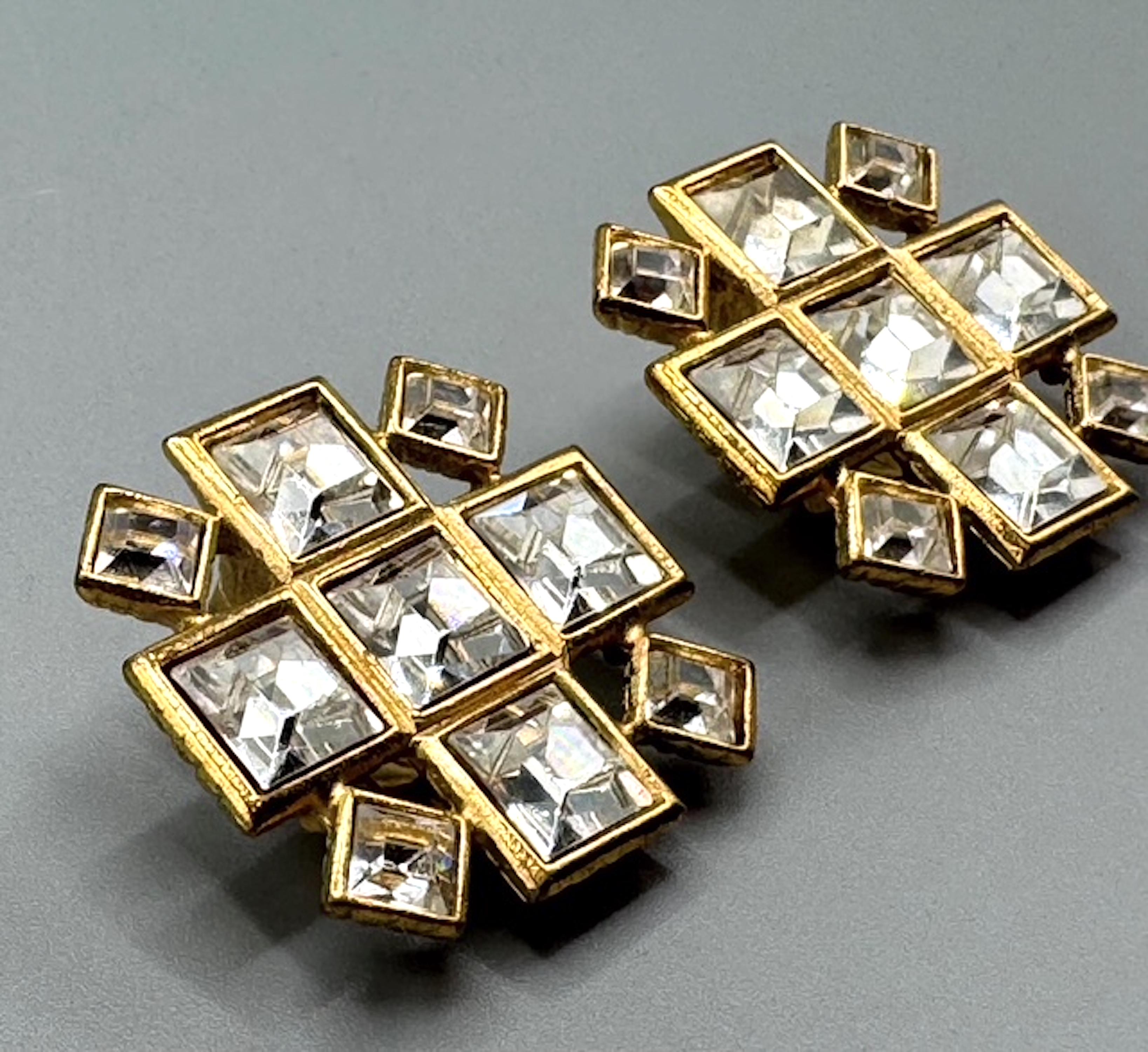 Square Cut Yves Sain Laurent 1990s Gold & Rhinestone Large Square Earrings For Sale