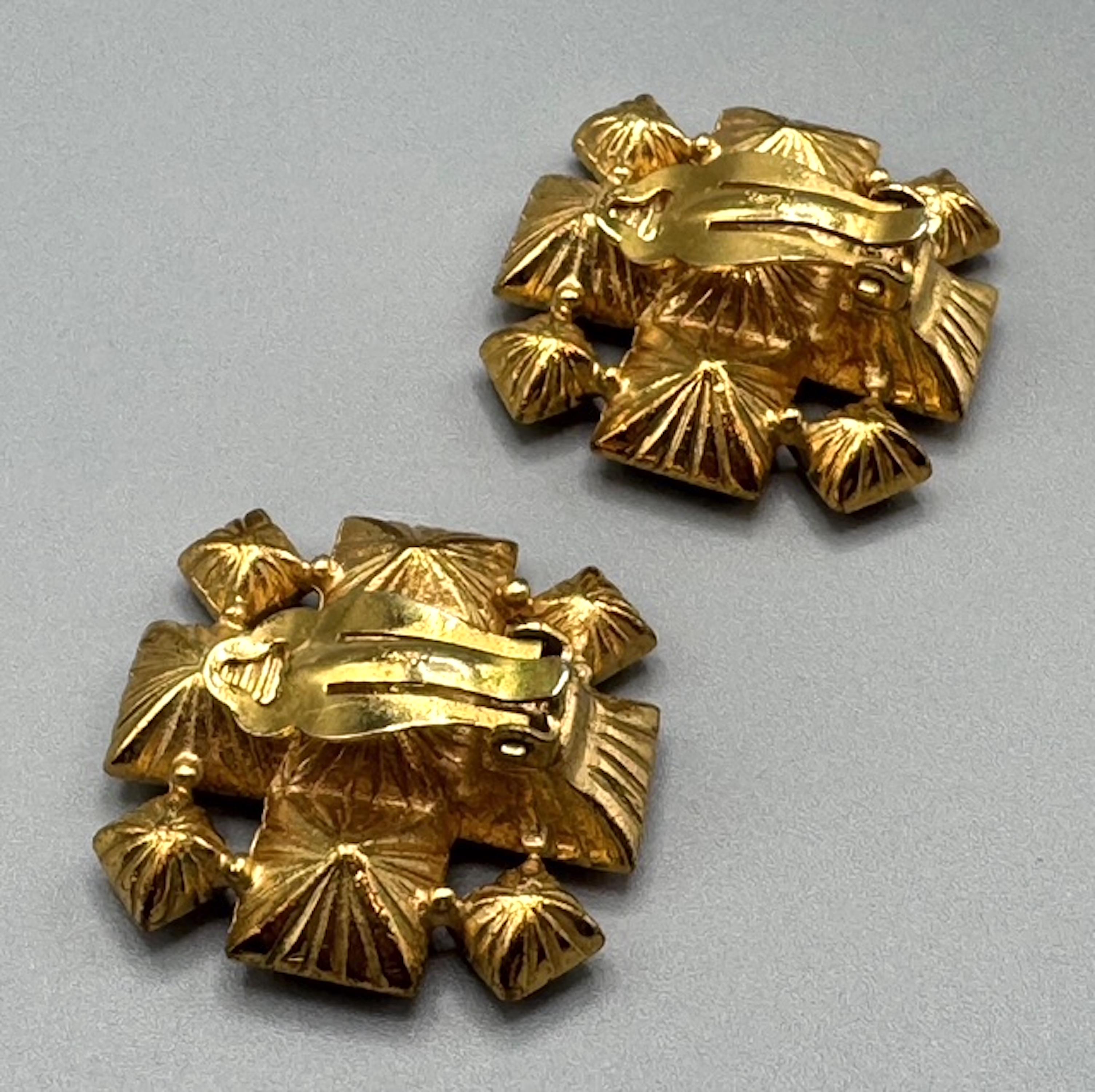 Yves Sain Laurent 1990s Gold & Rhinestone Large Square Earrings In Good Condition For Sale In New York, NY