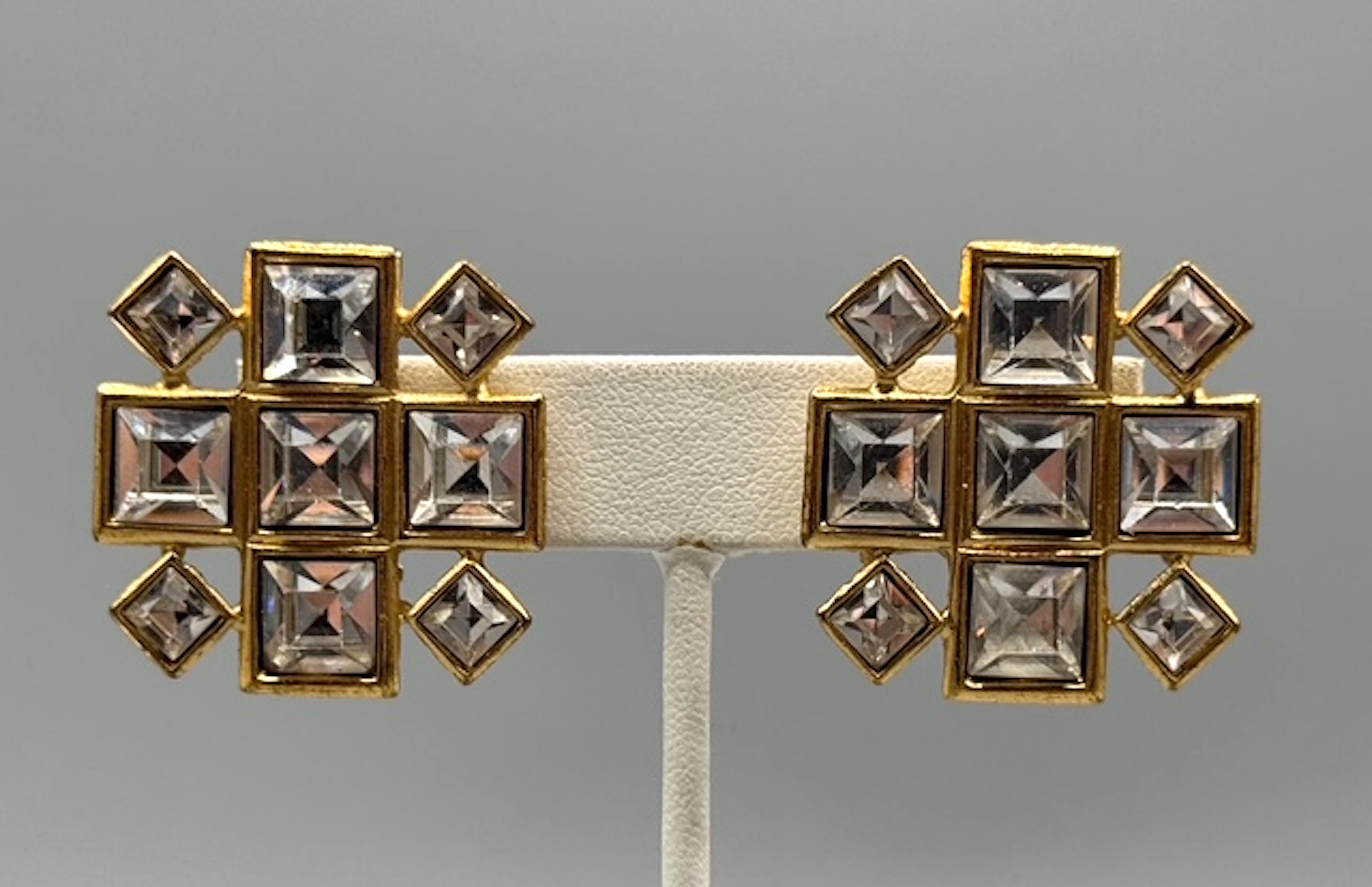 Yves Sain Laurent 1990s Gold & Rhinestone Large Square Earrings For Sale 2