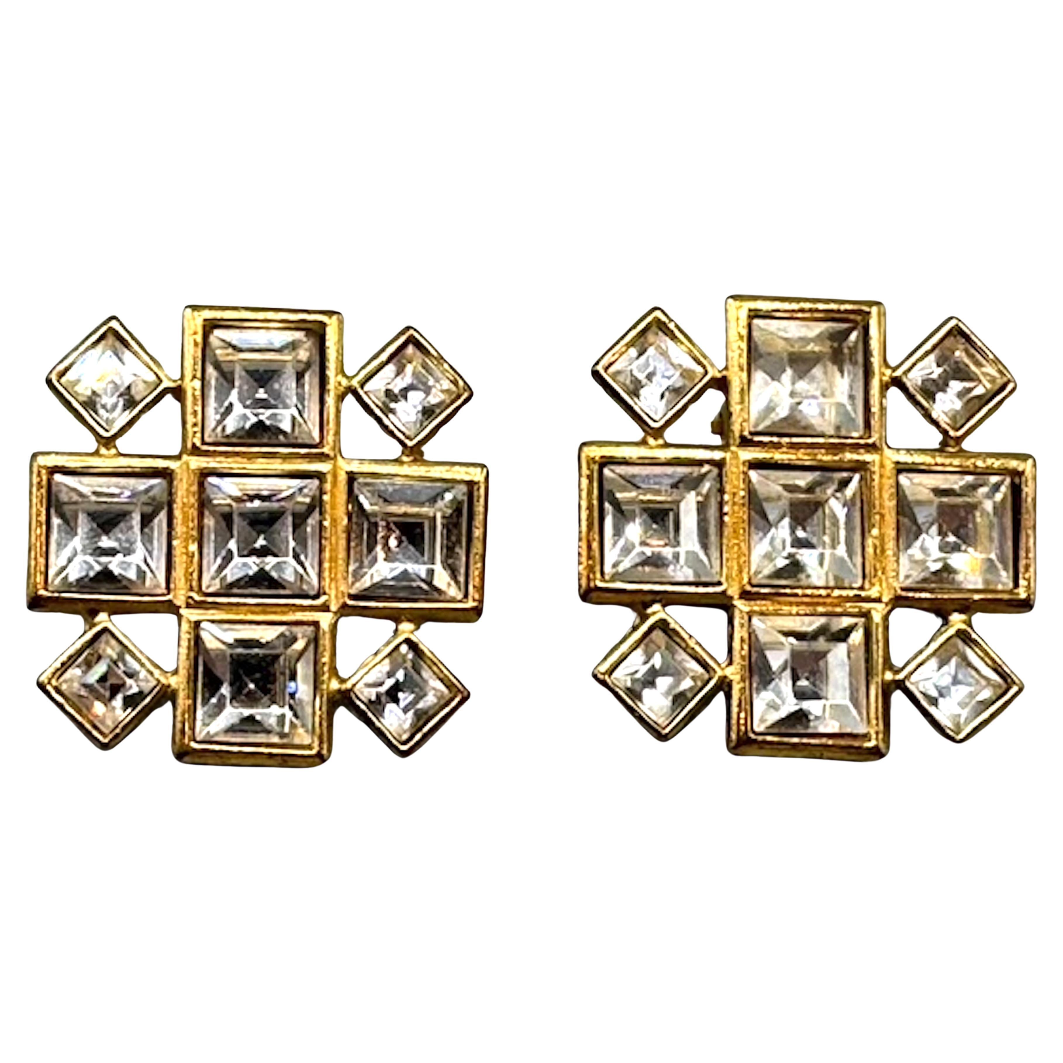 Yves Sain Laurent 1990s Gold & Rhinestone Large Square Earrings For Sale
